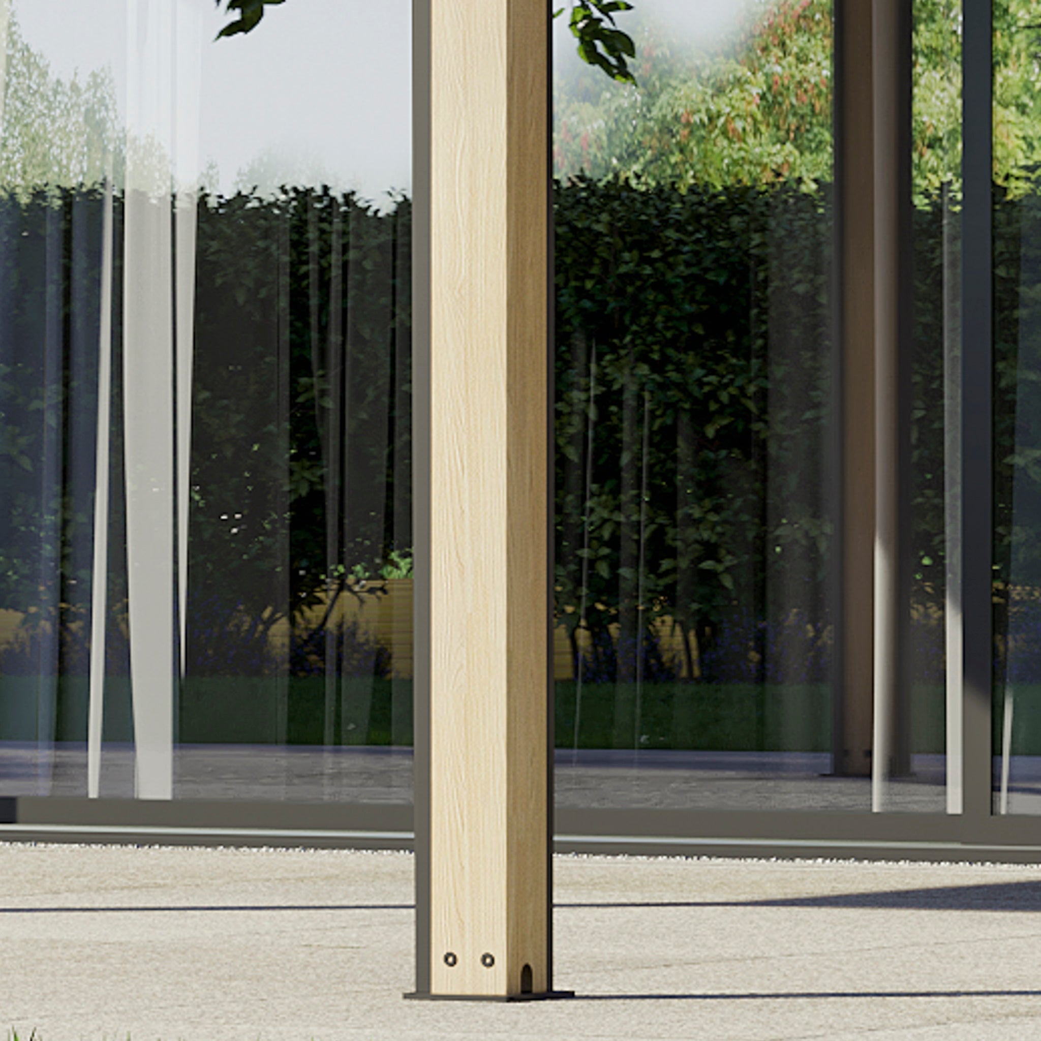 A PergoSTET Plus 3m x 3m square pergola with wood effect and LED lighting stands elegantly before a large glass window with flowing curtains, framed by lush greenery, seamlessly blending nature and modern architecture in peaceful harmony.