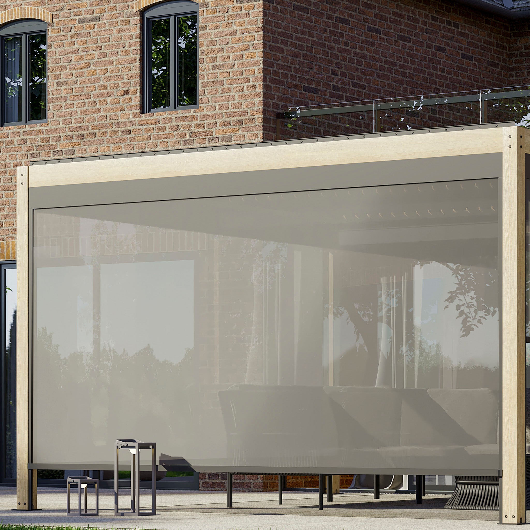 The patio in front of the brick house is adorned with a PergoSTET Plus 3m x 4m Rectangular Pergola featuring LED lighting and a wood effect frame, along with modern furnishings.