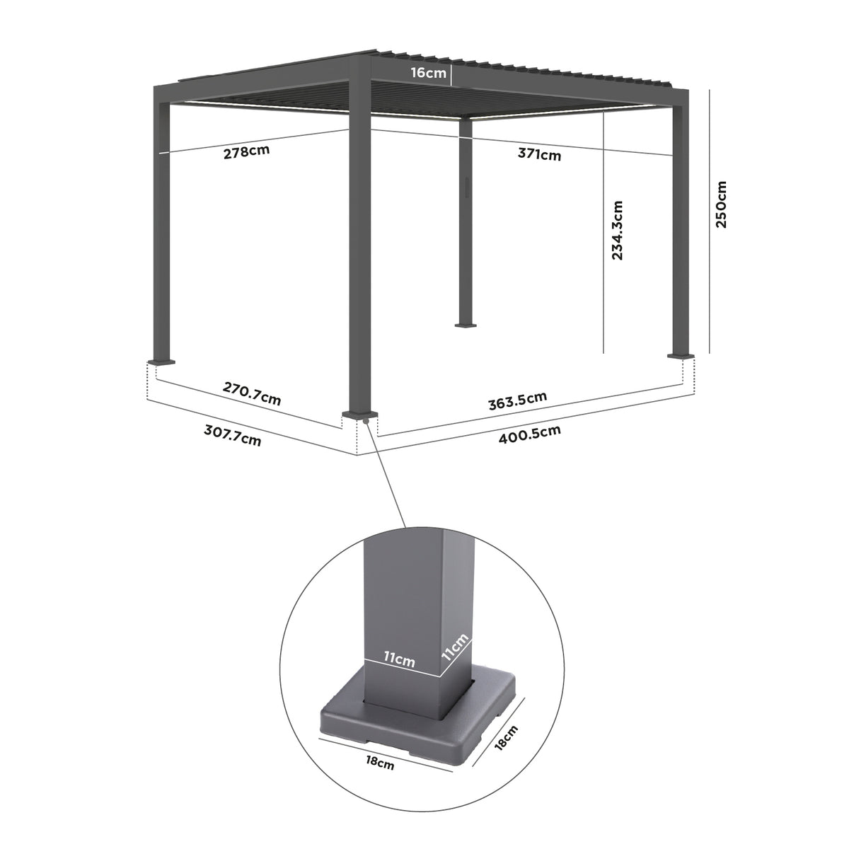 Diagram of the PergoSTET Lite 3m x 4m Metal Rectangular Pergola in Grey, showing labeled structure dimensions and a detailed view of a support column, featuring optional motorised louvres for adjustable shade and ventilation, as well as integrated LED lighting.