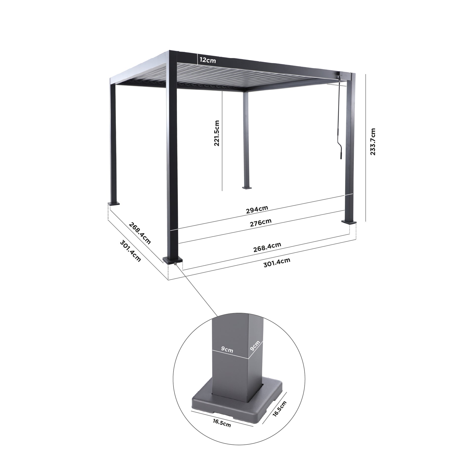 Diagram of the PergoSTET Lite 3m x 3m Metal Square Pergola in Latte, with labeled height, width, depth, and base measurements in centimeters. This tilting louvre pergola combines stylish design with functional features for your outdoor area.