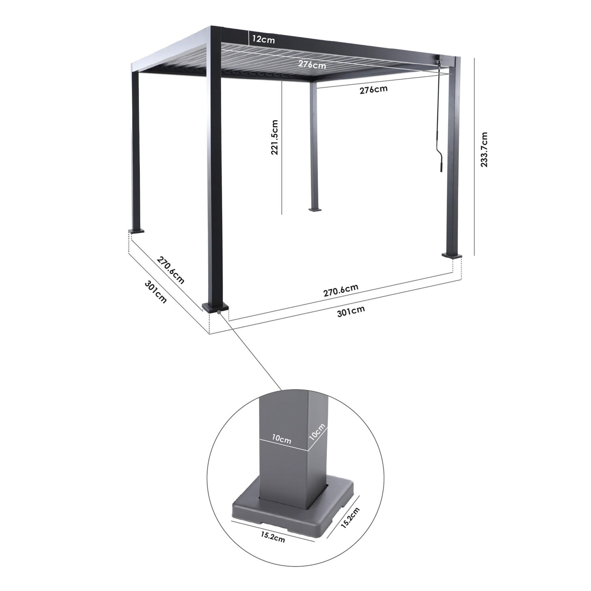 PergoSTET Lite 3m x 3m Metal Square Pergola in Latte shown with tilting louvres; dimensions labeled and close-up inset of a steel leg base highlighting detailed centimeter measurements.