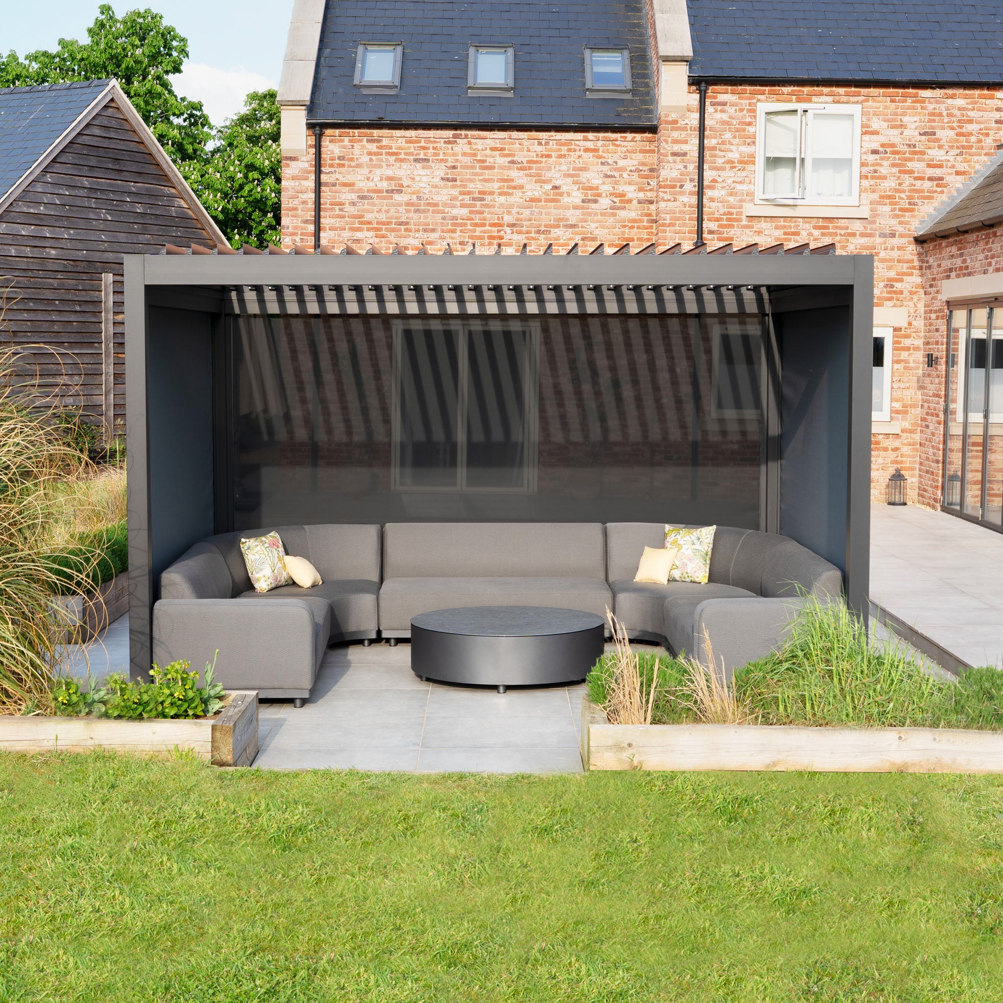 PergoSTET Deluxe 3m x 4m Rectangular Pergola with Motorised LED Louvres and 3 Manual Side Blinds in Grey