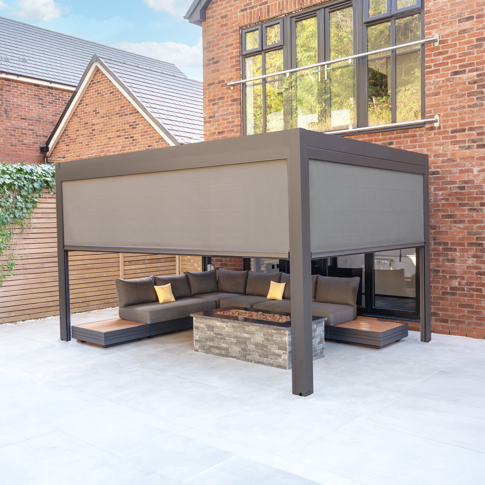 PergoSTET Deluxe 3m x 4m Rectangular Pergola with Motorised LED Louvres and 3 Manual Side Blinds in Grey