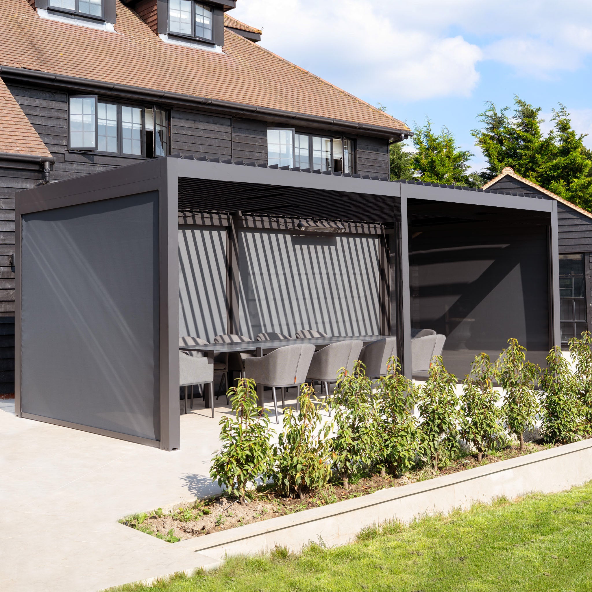 PergoSTET Deluxe 3m x 6m Rectangular Pergola with Motorised LED Louvres and 4 Manual Side Blinds in Grey
