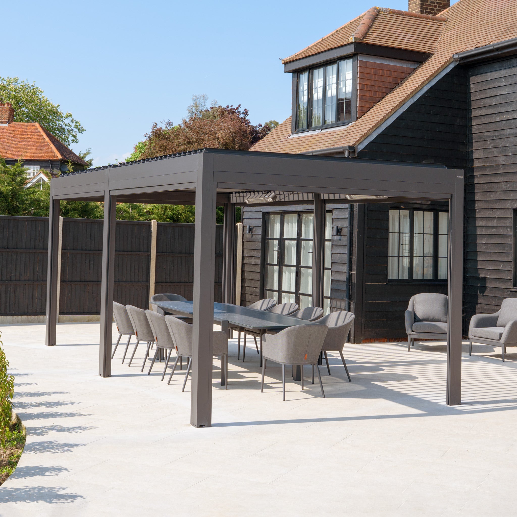 PergoSTET Deluxe 3m x 6m Rectangular Pergola with Motorised LED Louvres and 4 Manual Side Blinds in Grey