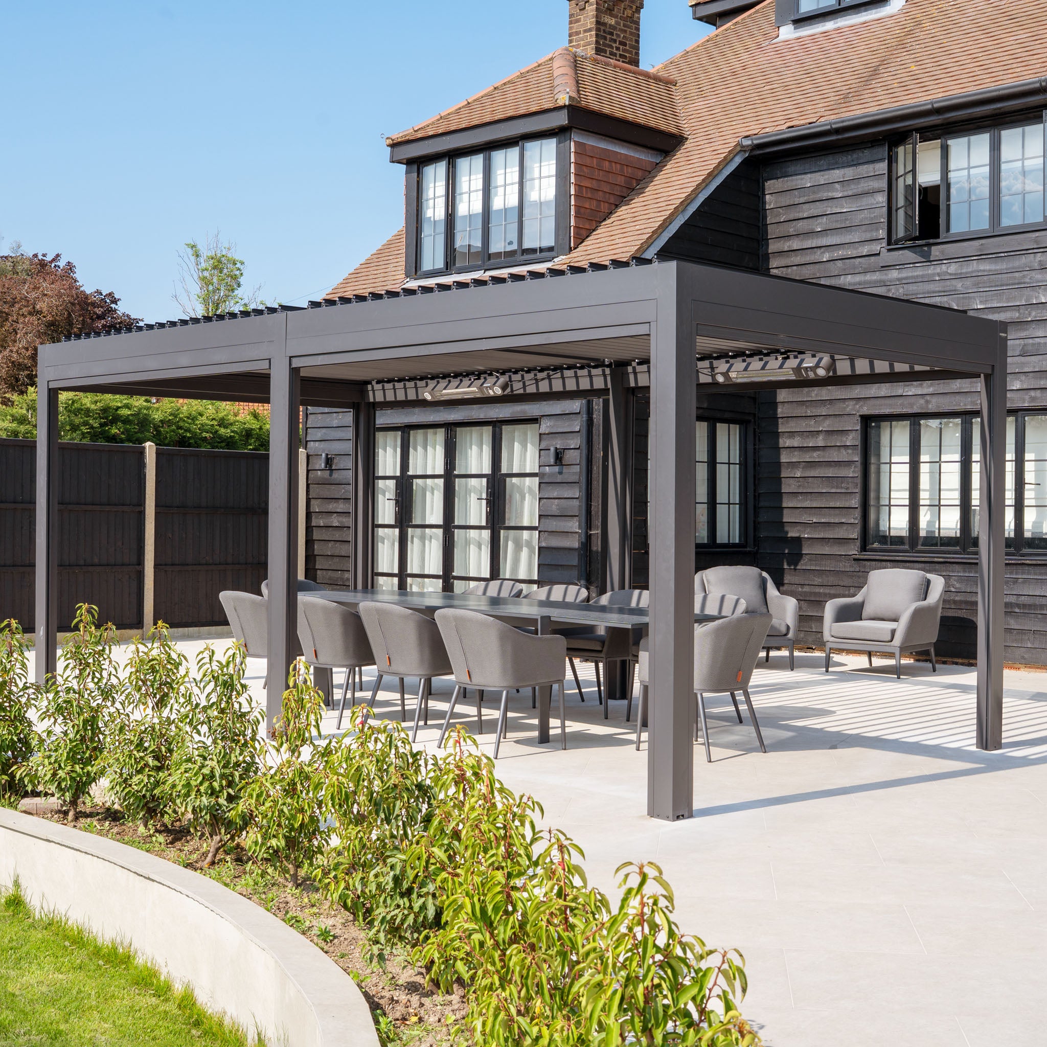 PergoSTET Deluxe 3m x 6m Rectangular Pergola with Motorised LED Louvres and 4 Manual Side Blinds in Grey