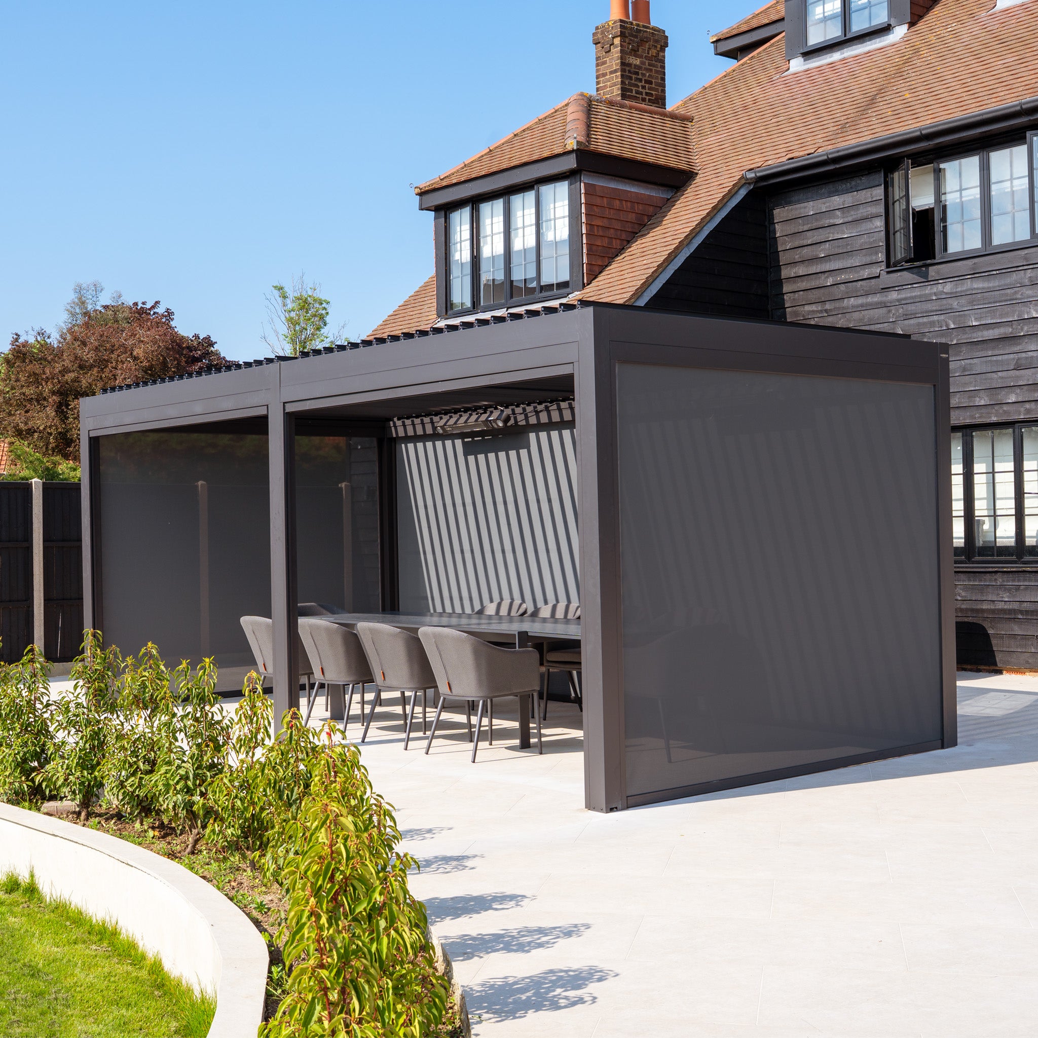 PergoSTET Deluxe 3m x 6m Rectangular Pergola with Motorised LED Louvres and 4 Manual Side Blinds in Grey