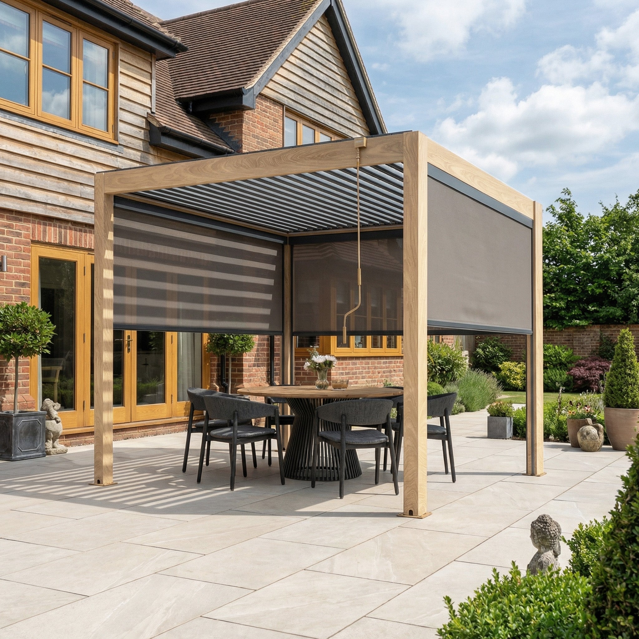 Modern 3m x 3m PergoSTET Plus Square Pergola with wood effect, manual side blinds, and LED lighting creates a stylish outdoor space with a black dining set on a tiled patio amid lush greenery for shaded, comfortable living.