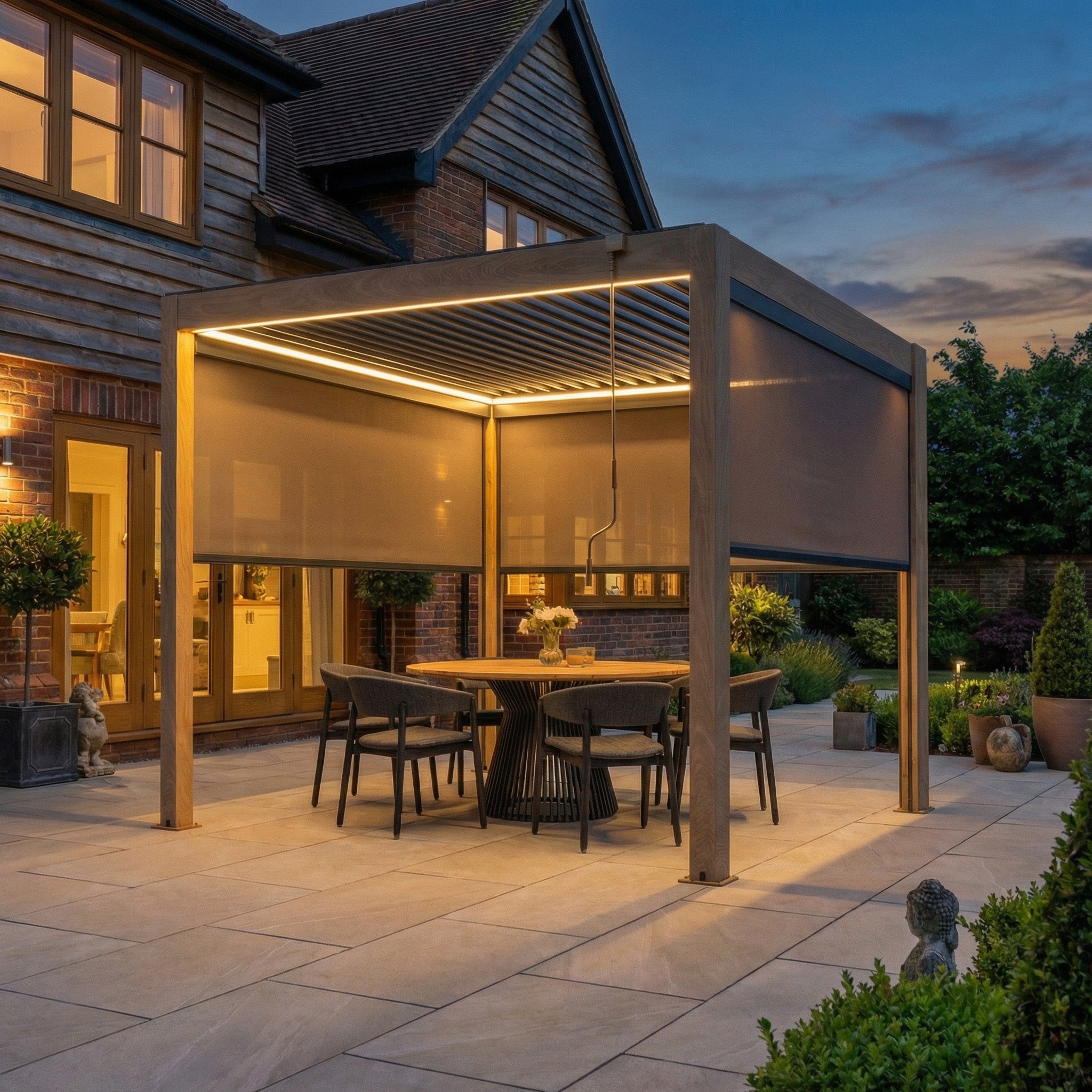 A PergoSTET Plus 3m x 3m Square Pergola with 3 manual side blinds and LED lighting in wood effect shelters a patio dining set at dusk.