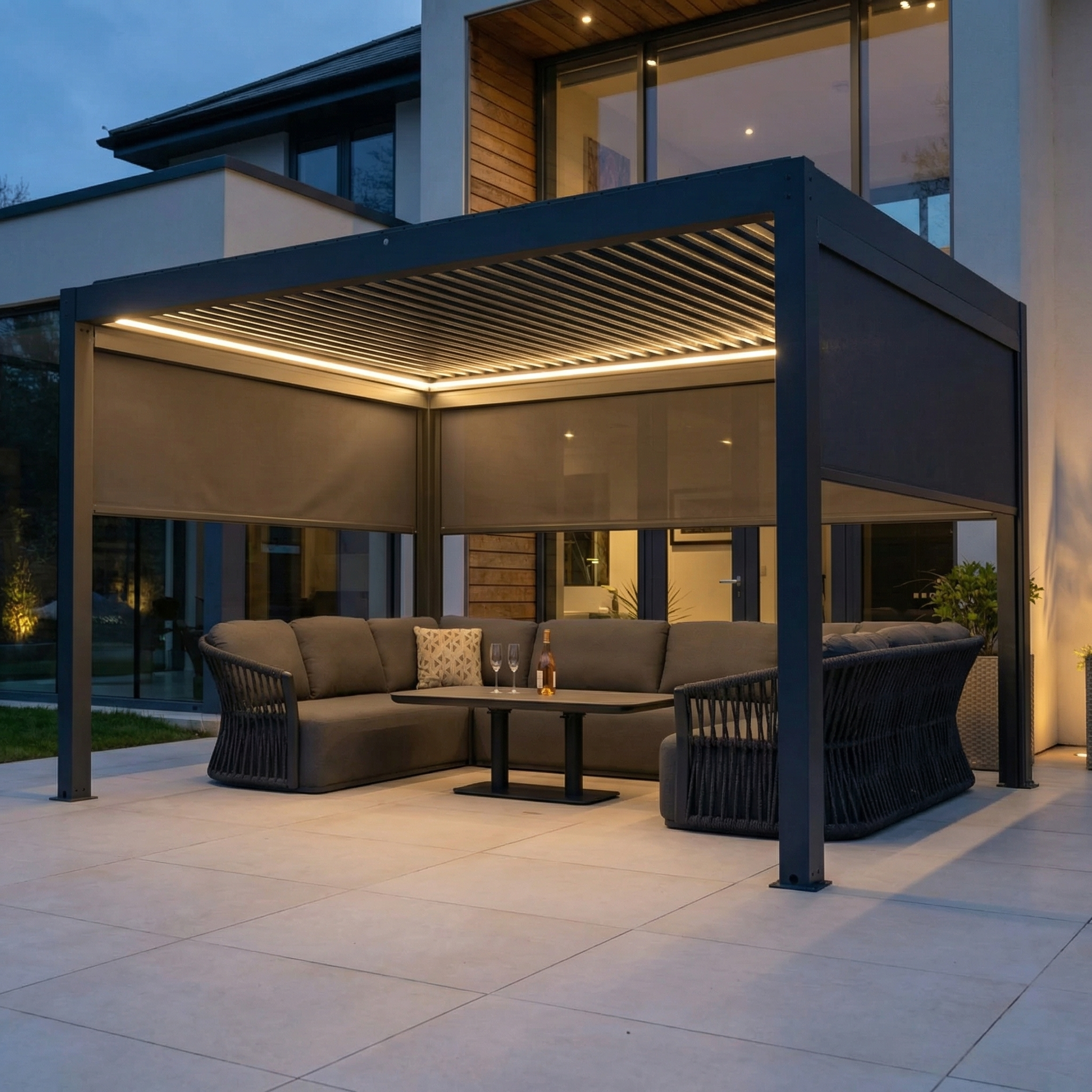 Modern patio featuring the PergoSTET Plus 3m x 4m Rectangular Pergola in grey with louvred roof, 3 manual side blinds, LED lighting, plus a sectional sofa, chairs, and table for a cozy evening ambiance.
