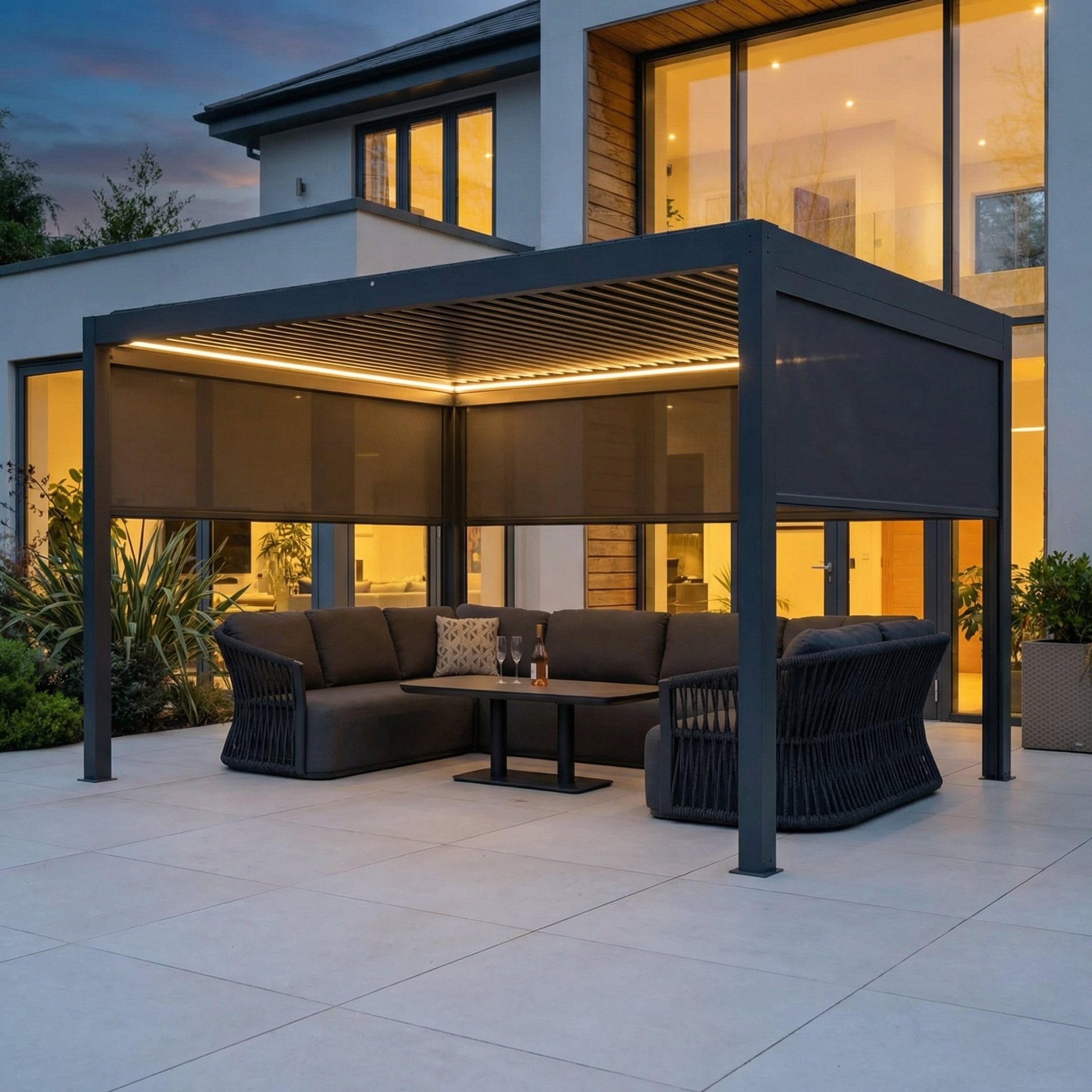 PergoSTET Plus 3m x 4m Rectangular Pergola with 3 Manual Side Blinds and LED Lighting in Grey, with tilting louvres open for airflow over an outdoor seating area.