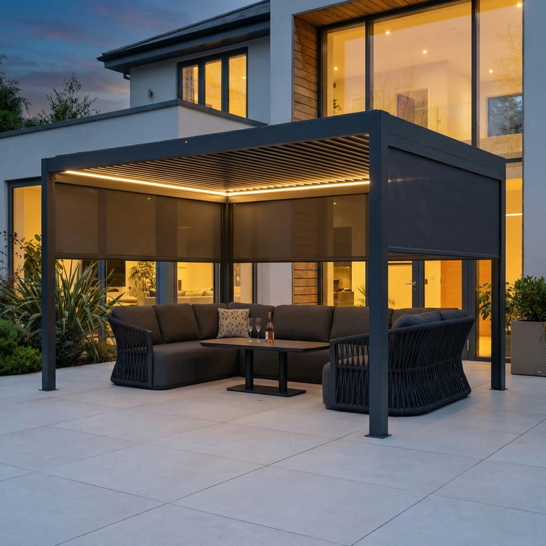 A modern outdoor patio near a house features the PergoSTET Plus 3m x 4m Rectangular Pergola in grey, equipped with 3 manual side blinds and LED lighting, creating a stylish covered seating area with couches and table for adjustable comfort.