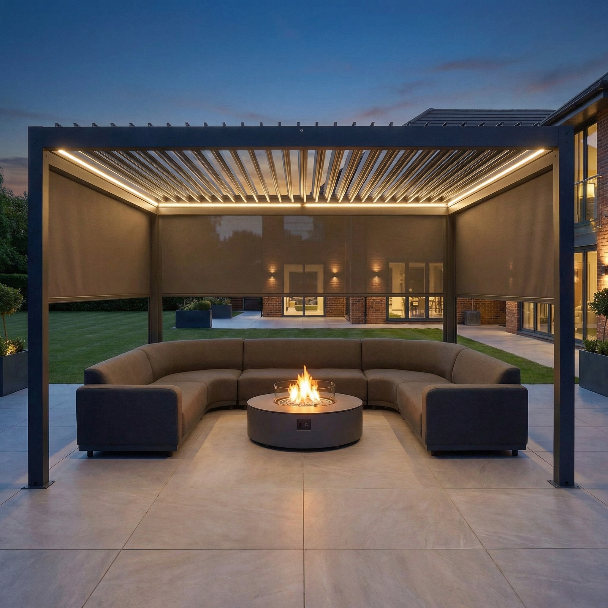 The PergoSTET Plus 4m x 4m Square Pergola in Grey features LED lighting and 3 manual side blinds, shown here on a tiled patio at dusk with a curved sofa and fire pit.