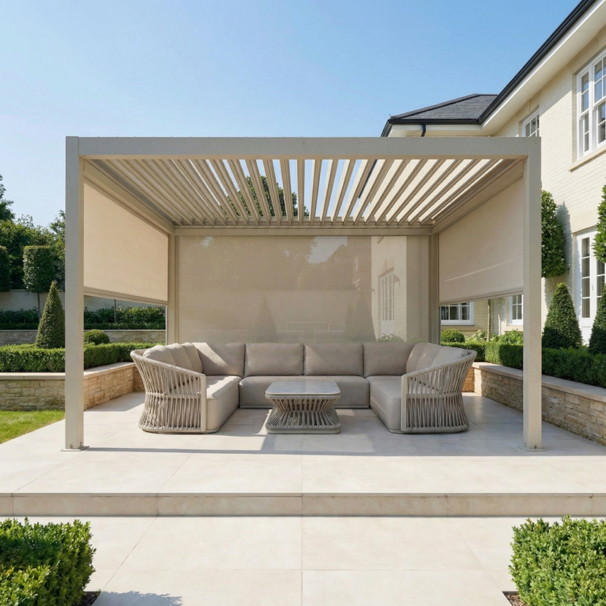 Modern outdoor patio with a beige sectional sofa, armchairs, coffee table, and a PergoSTET Plus 4m x 4m Square Pergola featuring tilting louvres, 3 manual side blinds, and LED lighting in Latte on a tiled terrace.