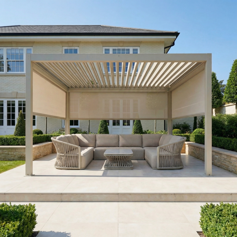 PergoSTET Plus 4m x 4m Square Pergola with 3 Manual Side Blinds and LED Lighting in Latte, paired with a beige sectional sofa and round table, featured in front of a large house.