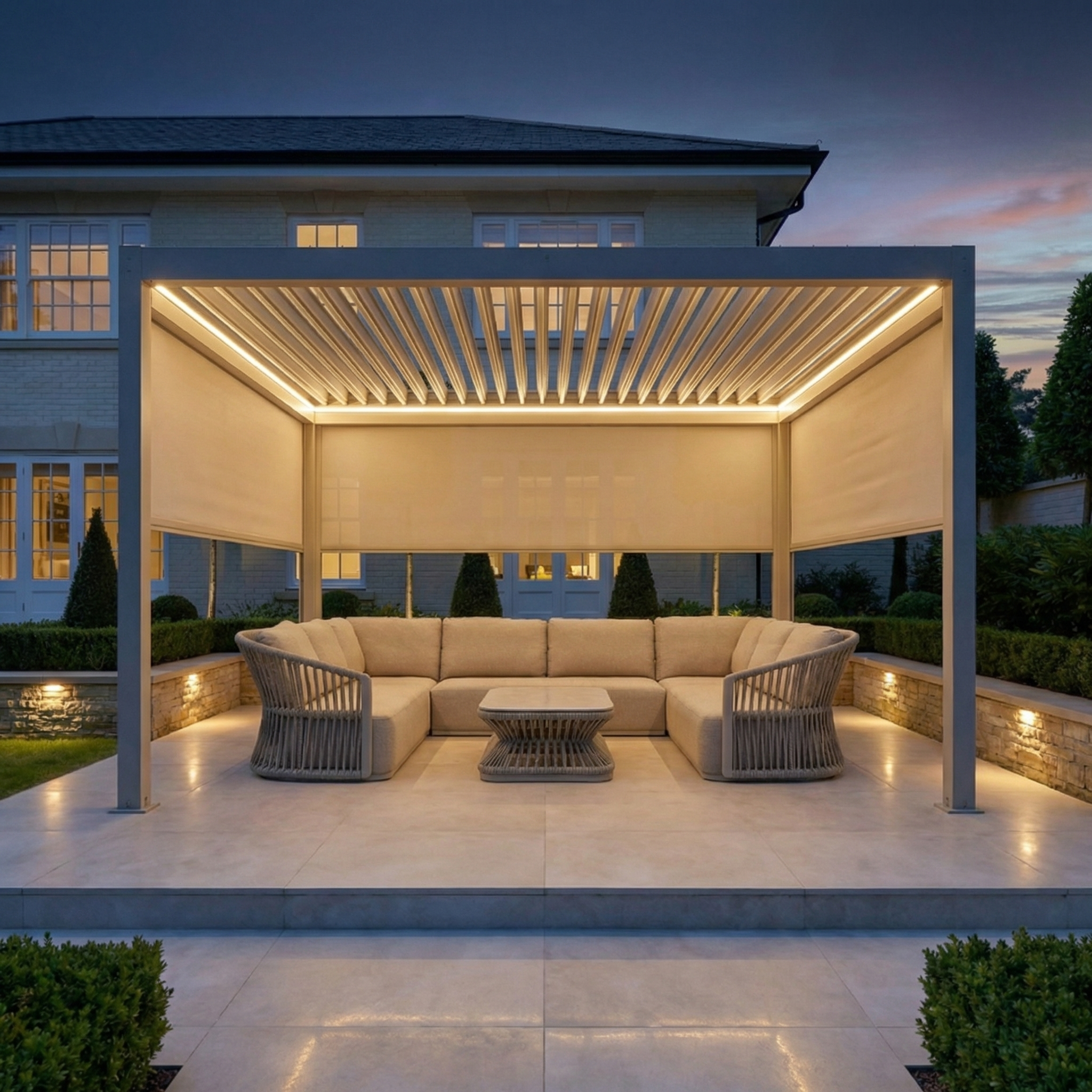 PergoSTET Plus 4m x 4m Square Pergola with LED lighting and 3 manual side blinds in Latte, paired with a beige sectional sofa and coffee table at dusk.