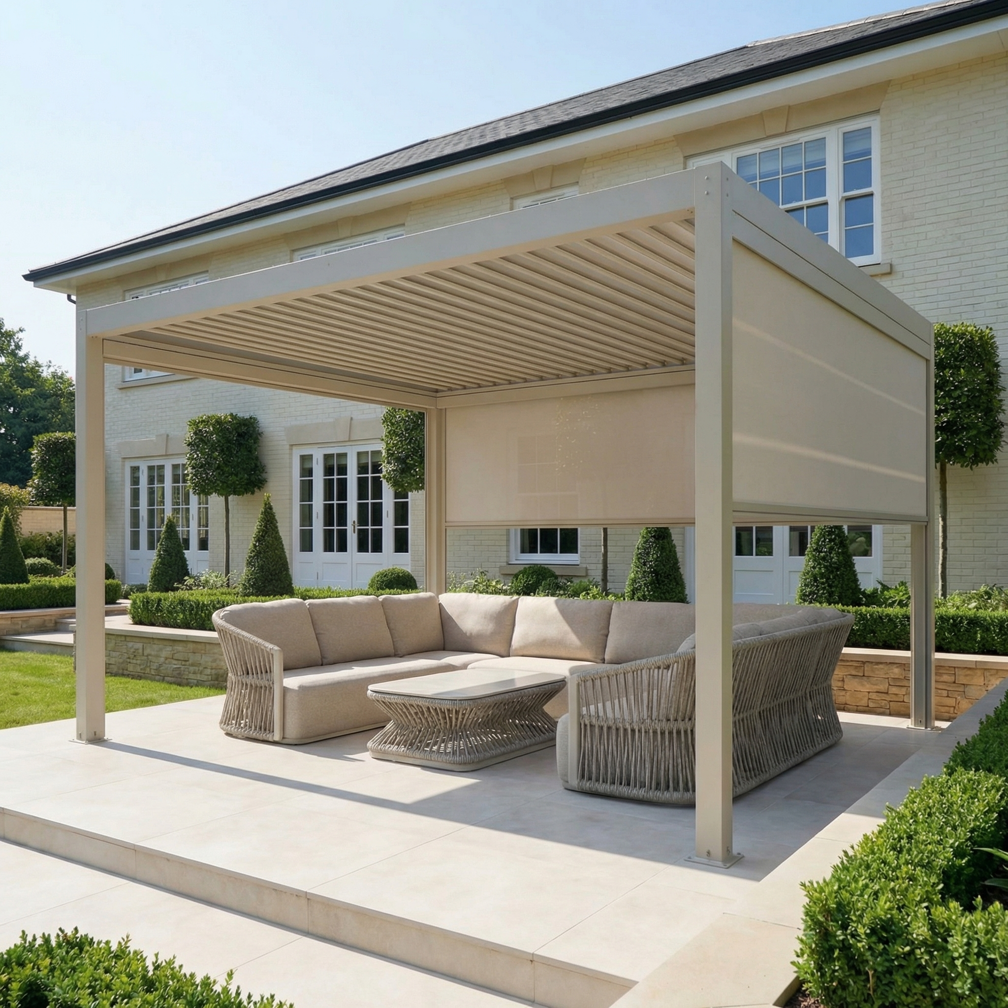 The PergoSTET Plus 4m x 4m Square Pergola in Latte with 3 manual side blinds and LED lighting stands on a tiled patio, paired with a sectional sofa and table in front of the house.