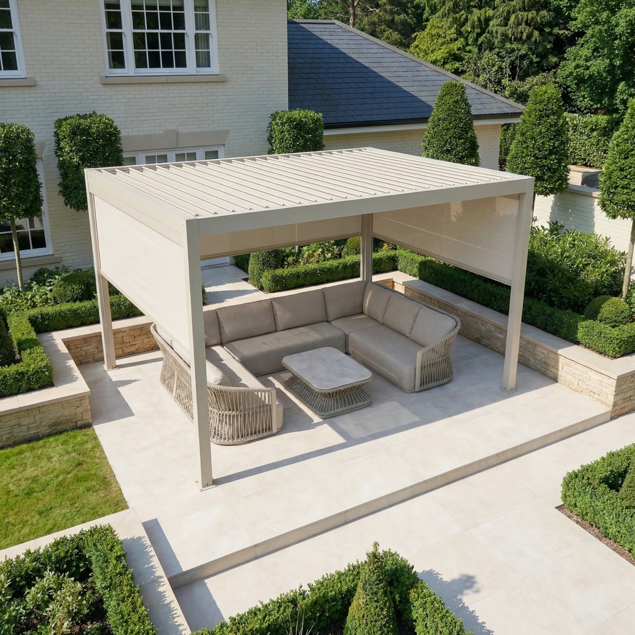 PergoSTET Plus 4m x 4m Square Pergola with 3 manual side blinds and LED lighting in Latte, beige sectional sofa, and table, set among manicured hedges and stone pathways.