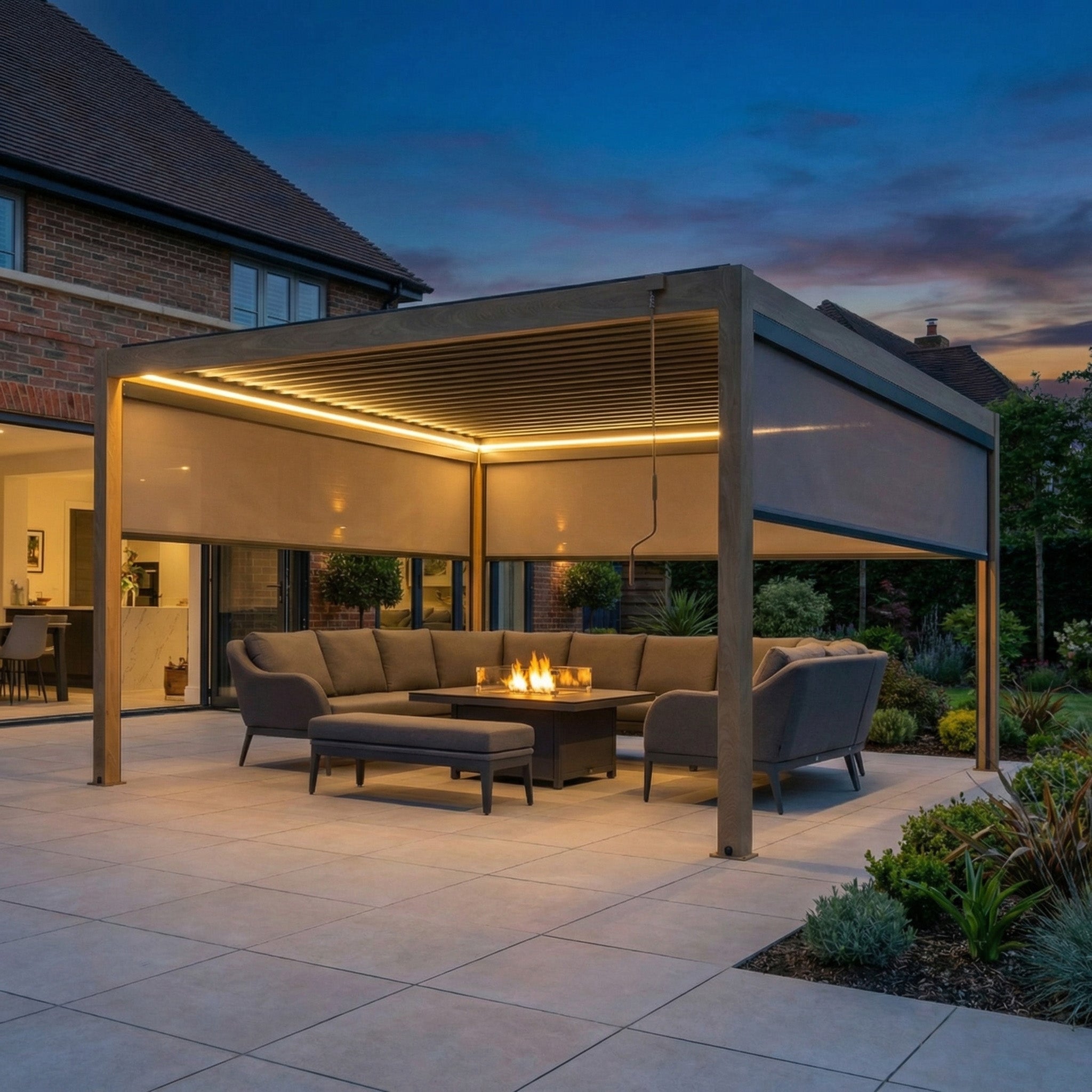 Modern patio at dusk featuring a PergoSTET Plus 4m x 4m Square Pergola with wood effect, 3 manual side blinds, built-in LED lighting, a fire pit, and outdoor sectional seating.