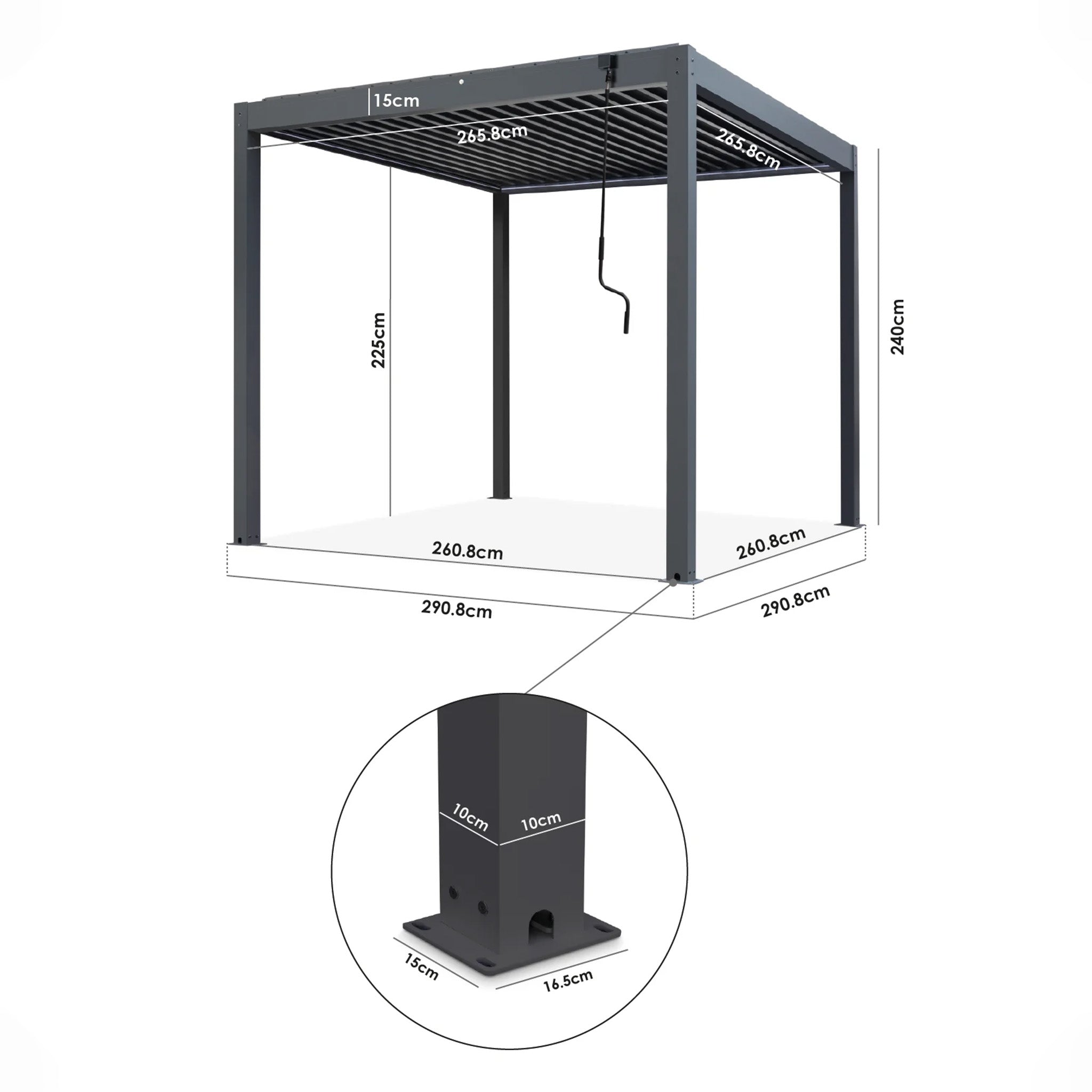 The PergoSTET Plus 3m x 3m Square Pergola in Latte features labeled measurements, close-up views of the base plate, an integrated drainage system, 3 manual side blinds, and LED lighting—ideal for anyone seeking a modern pergola solution.