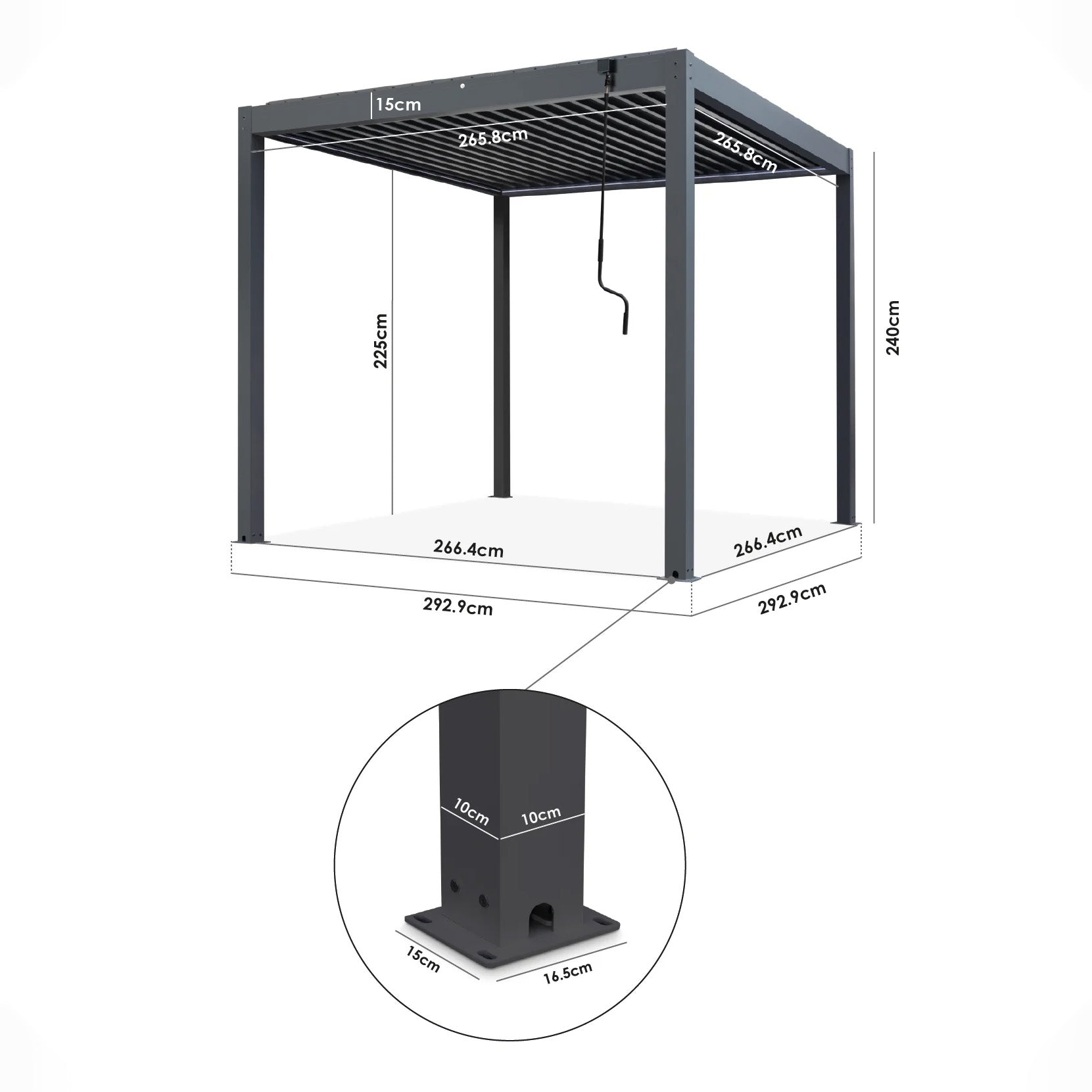 3D diagram of the PergoSTET Plus Frame Only 3m x 3m Square Pergola in Latte with LED lighting, showing labeled base plate dimensions and an optional waterproof roof design with integrated textilene blinds.