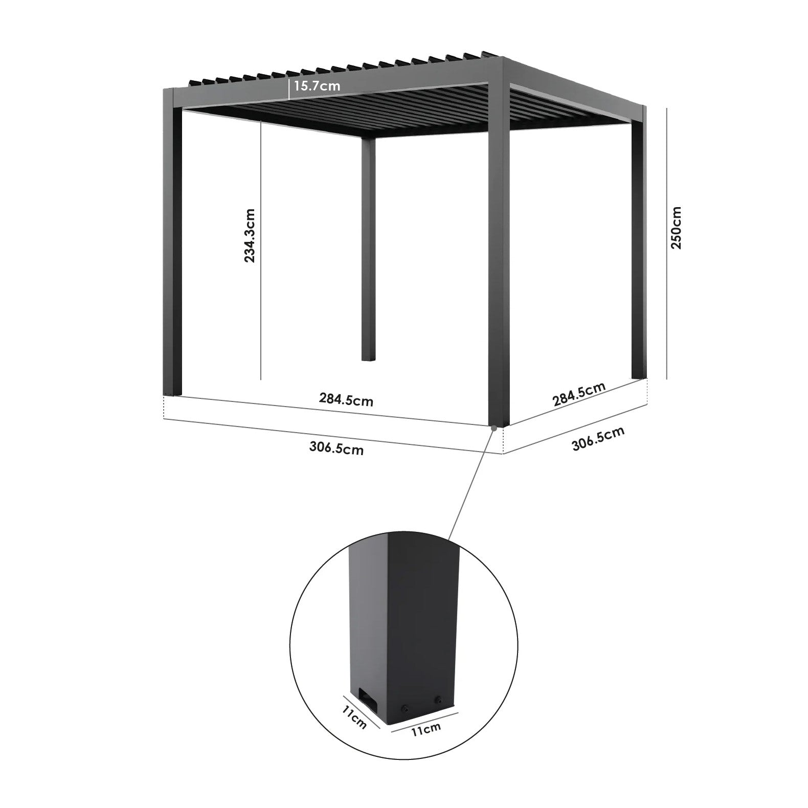 PergoSTET Pro Frame Only 3m x 3m Square Pergola in Grey with flat roof, labeled dimensions, close-up of the 11x11 cm square base, and optional RGB LED perimeter lighting for a modern look.