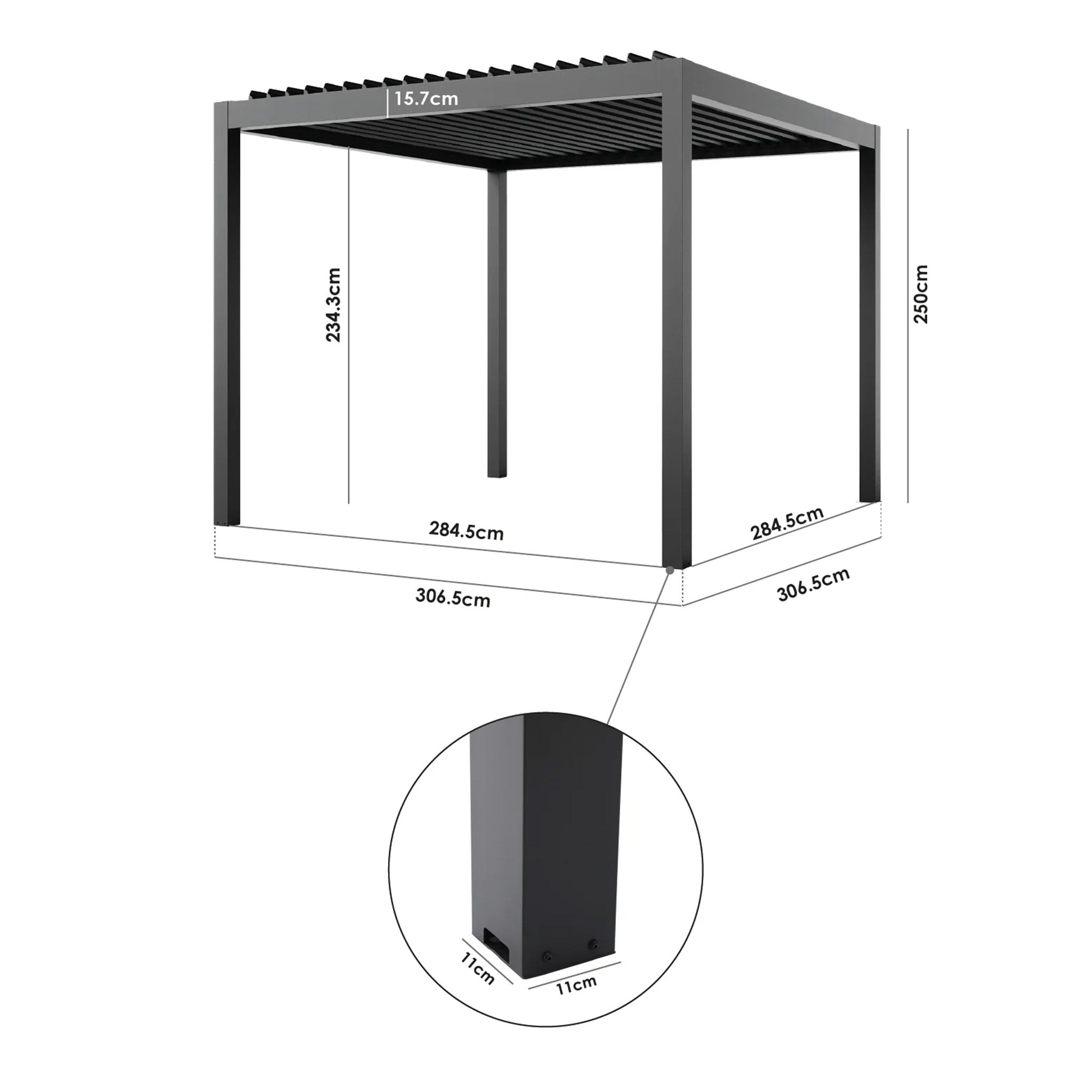 PergoSTET Deluxe 3m x 3m Square Pergola Frame in Grey with motorised LED louvres; leg base measures 11cm x 11cm, overall height is 250cm.