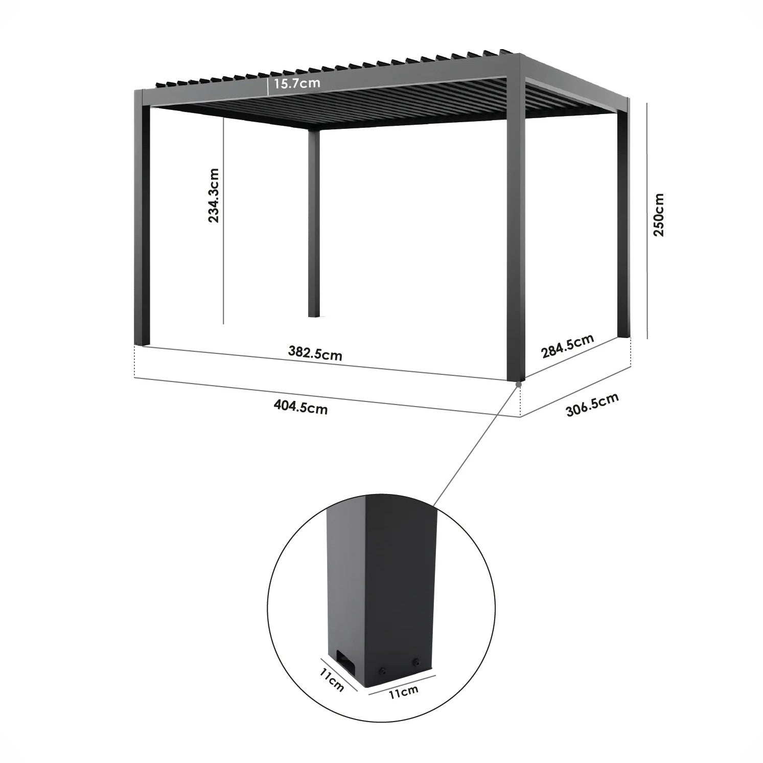 PergoSTET Plus Frame Only 3m x 4m Rectangular Pergola with LED Lighting in Wood Effect features sturdy square legs, each measuring 11 cm x 11 cm, showcasing its durable and modern design.
