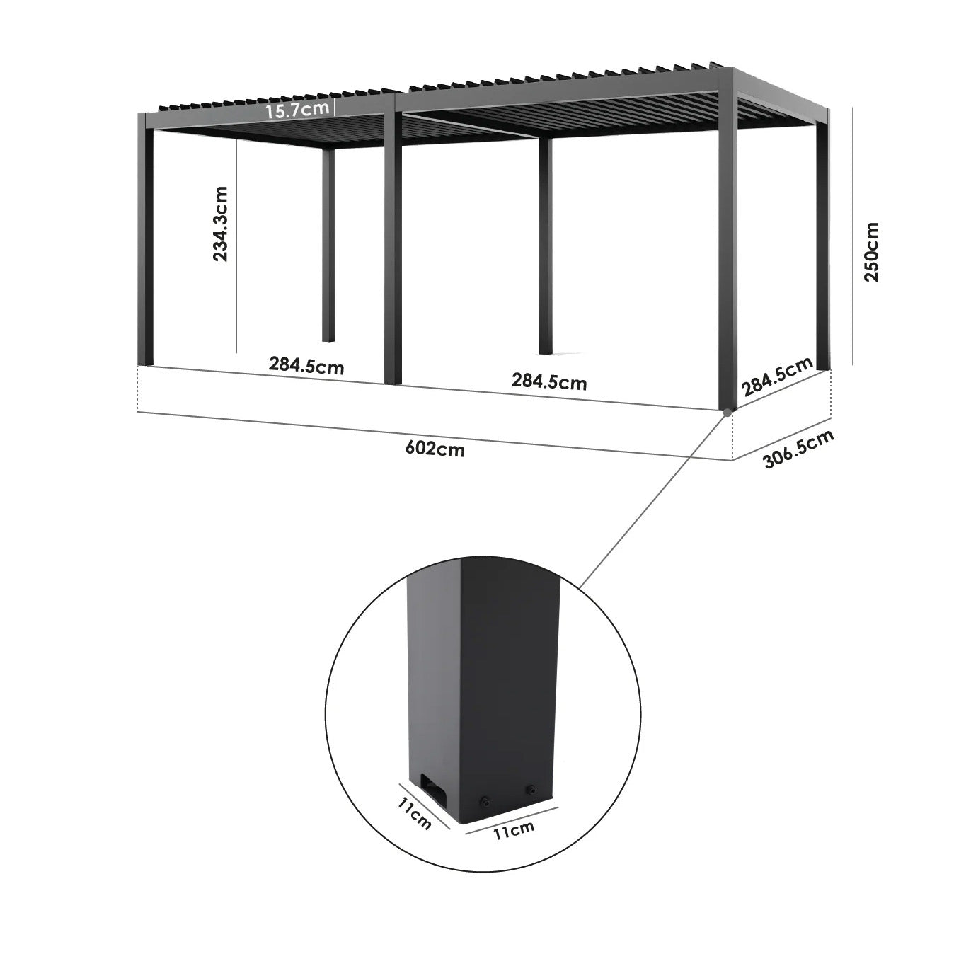 PergoSTET Deluxe 3m x 6m rectangular pergola in grey shown with motorised LED louvres, 4 manual side blinds, and a close-up of an 11x11 cm support post.