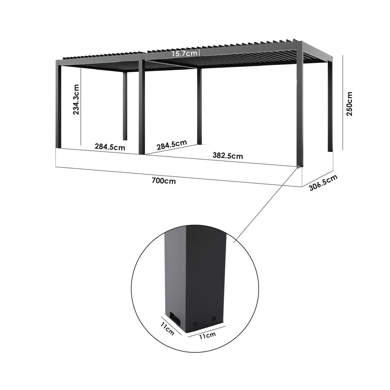 PergoSTET Deluxe Frame Only 3m x 7m rectangular pergola in grey with motorised LED louvres, featuring labeled dimensions and a close-up of the leg base with measurements.