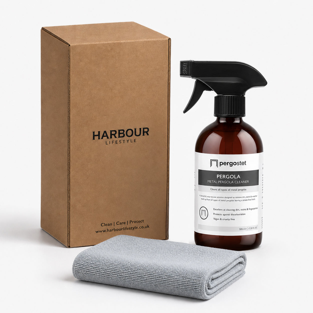 The Outdoor Aluminium and Steel Pergola Cleaner set includes a pergola cleaner spray bottle, a sturdy kraft box, and a soft grey microfibre cloth—everything you need to keep your metal pergola looking its best.