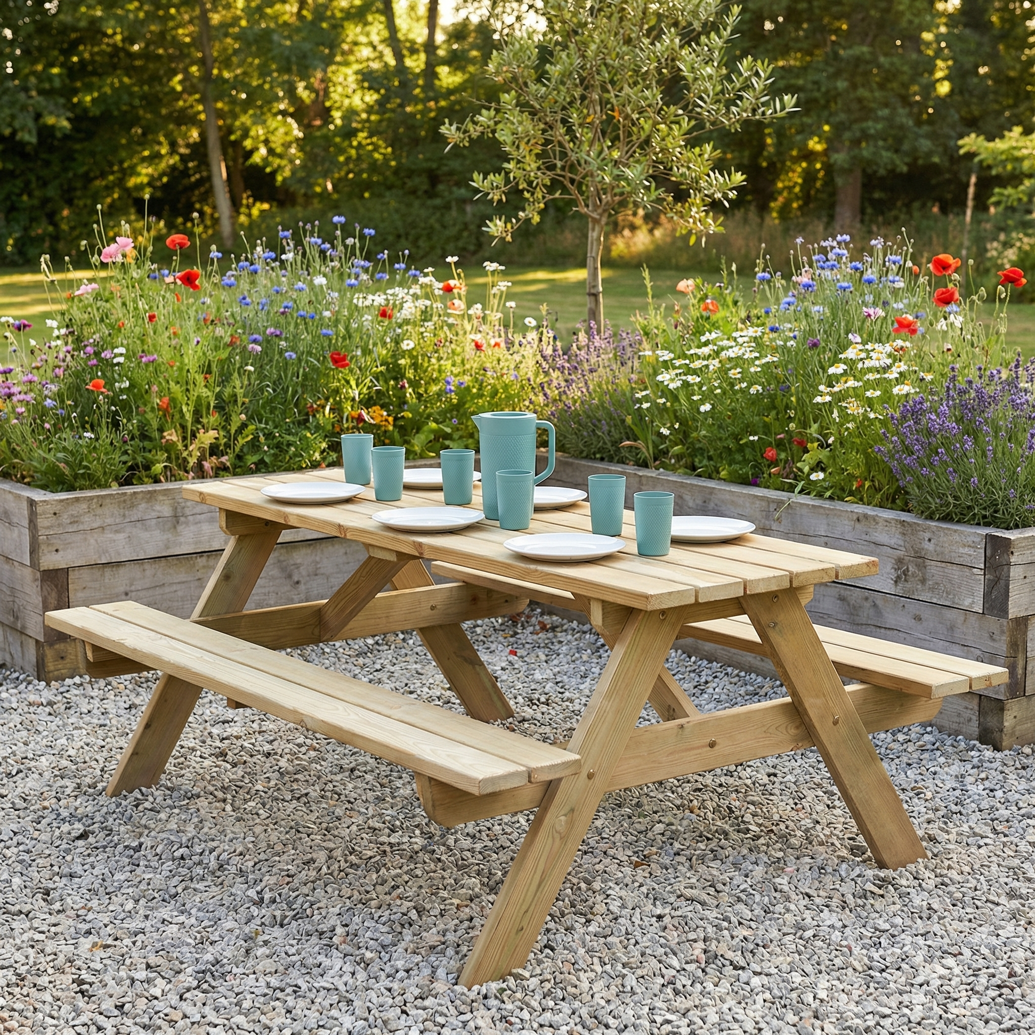 The Pine Wood Woburn Picnic Table - 5ft is crafted from pine timber and ideal for gardens, offering durable outdoor seating—perfect for enjoying meals by raised flower beds.