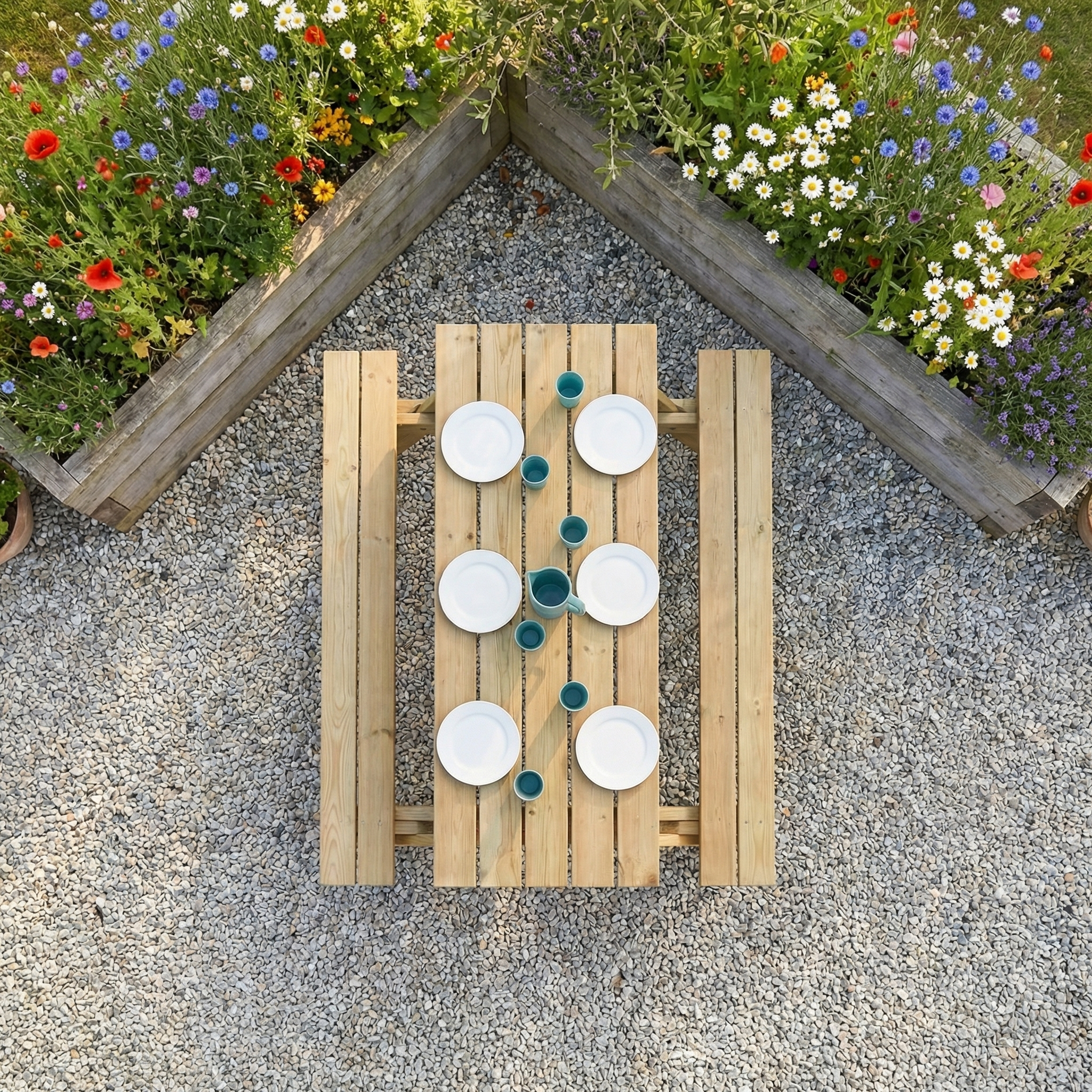 The 5ft Pine Wood Woburn Picnic Table, set for six with plates and cups, is crafted for outdoor use and viewed from above amid flowers and gravel.