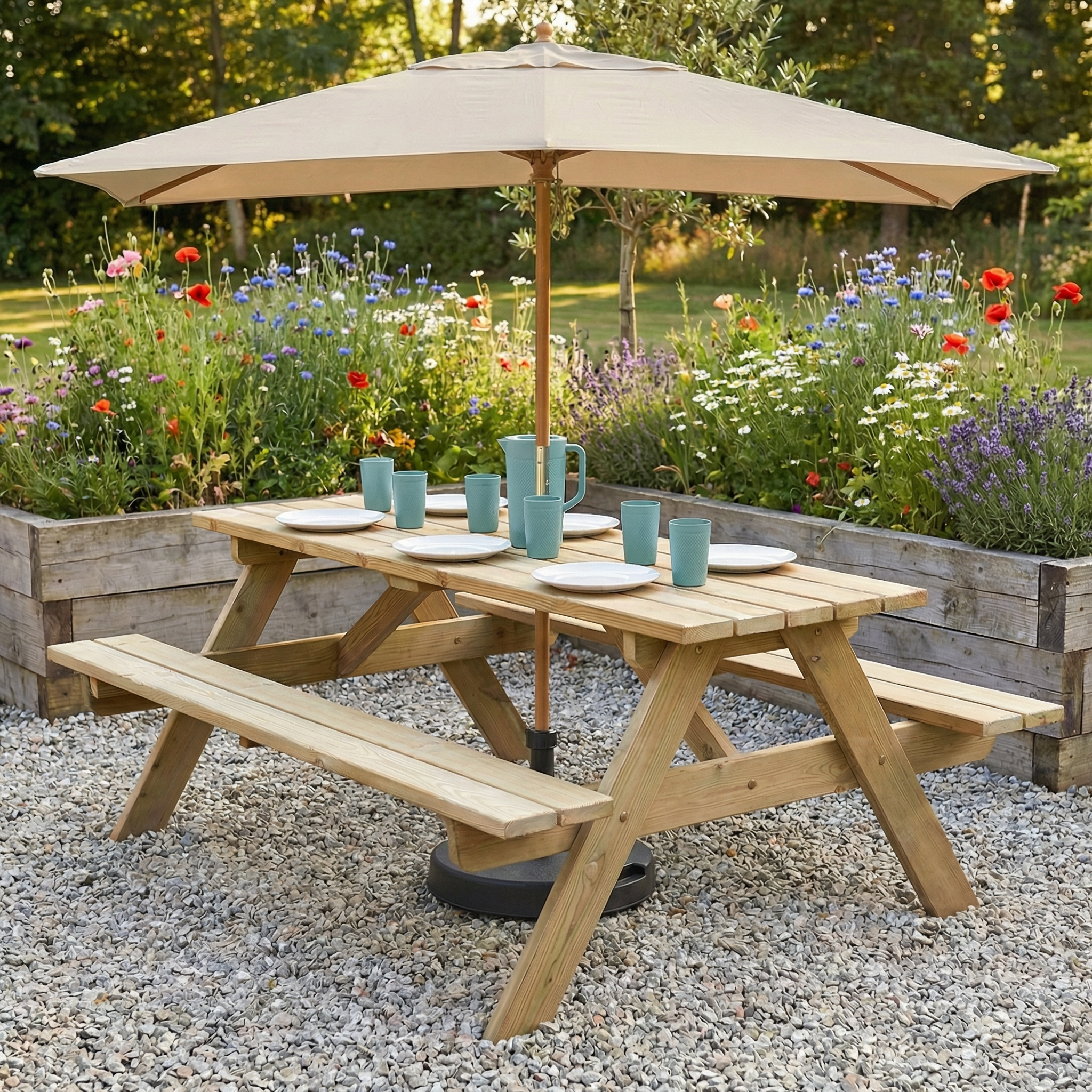 The Pine Wood Woburn Picnic Table - 5ft features bench seating and is ideal for outdoor use in the garden—perfect among blooming flowers for dining or relaxing with dishes and cups under an umbrella.
