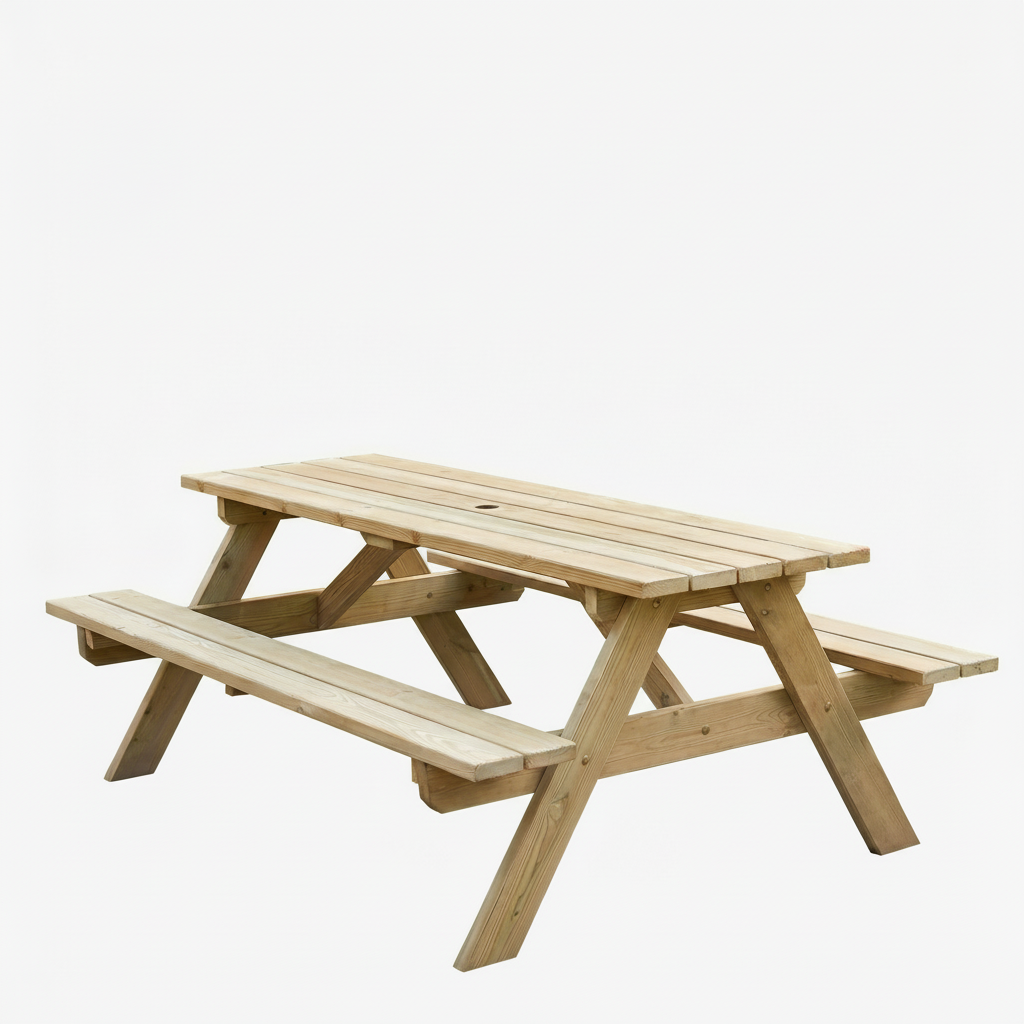 The Pine Wood Woburn Picnic Table - 5ft features sturdy pine timber construction and attached benches on both sides, ideal for use as outdoor garden furniture.