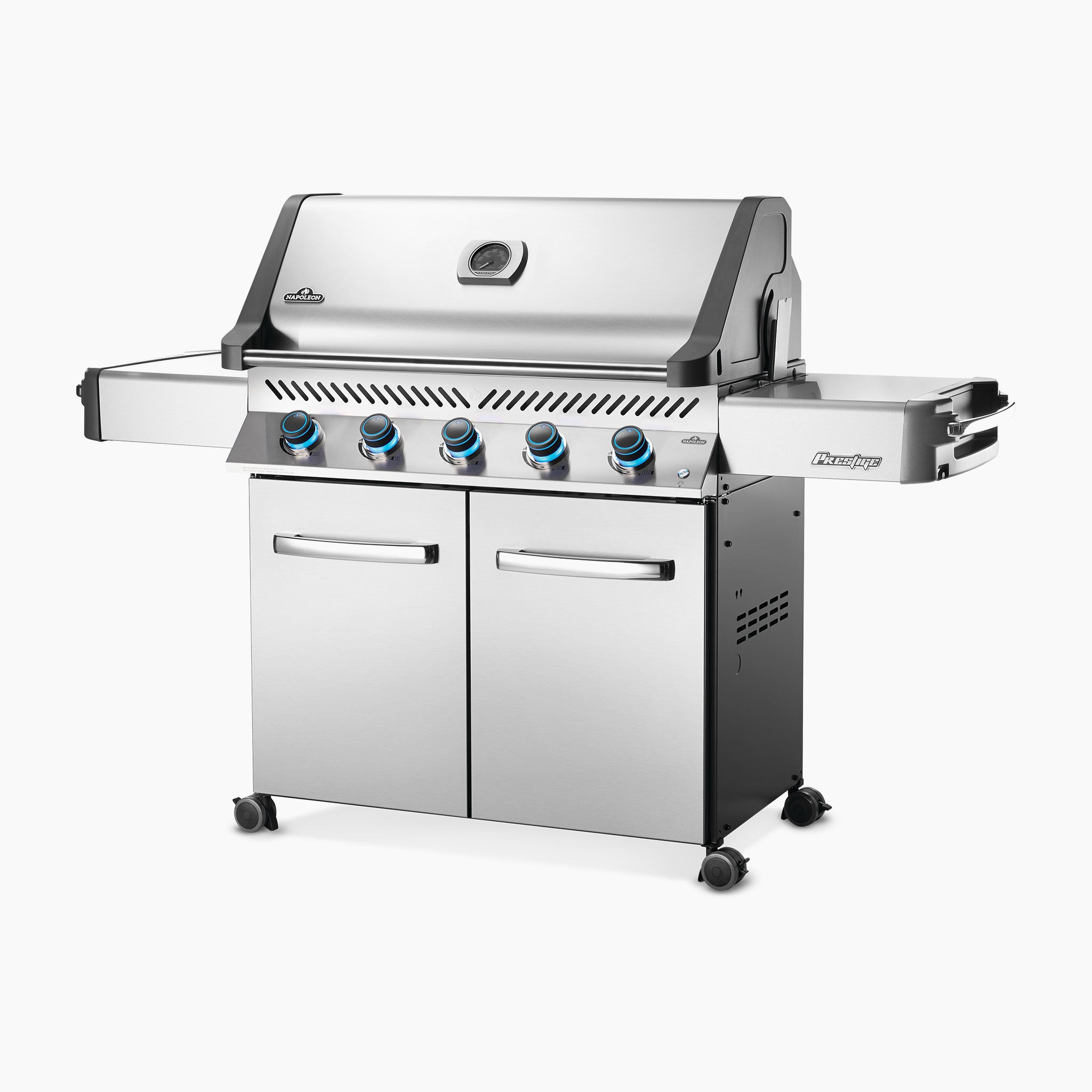 A Napoleon Prestige 665 RSIB Gas Barbecue made of stainless steel with propane gas, featuring side shelves, cabinet storage, infrared burners, and wheels.