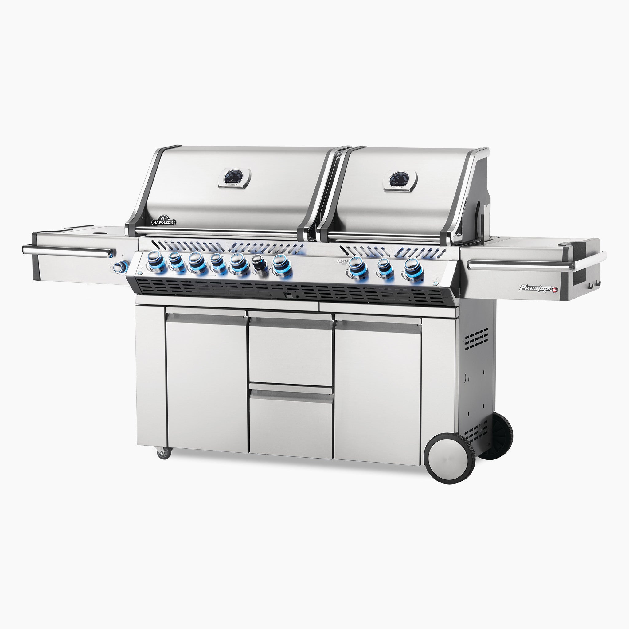 A Napoleon Prestige Pro 825 RSIB Gas Barbecue, an outdoor propane grill featuring stainless steel construction, multiple burners including infrared options, storage cabinets, and side shelves, set against a white background.