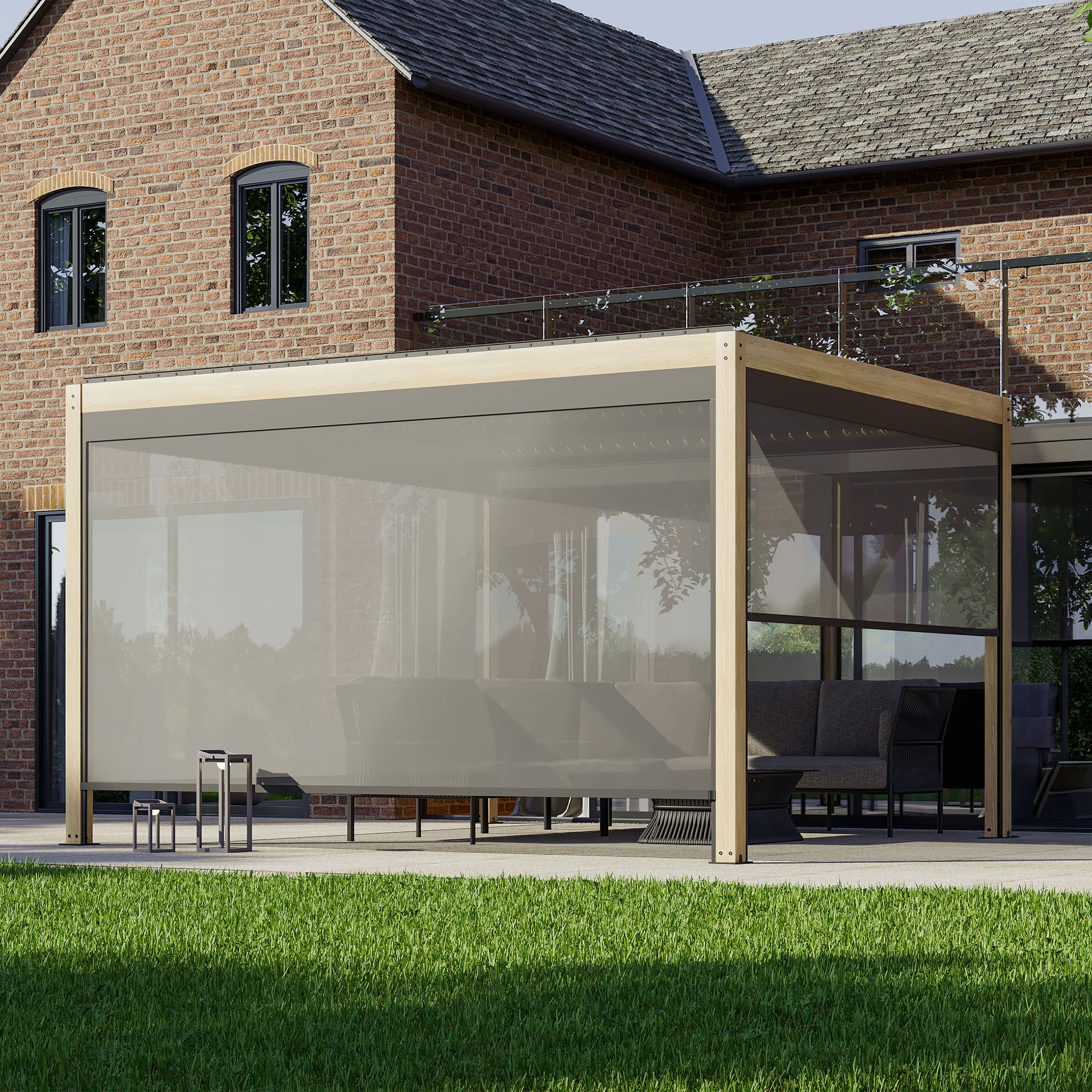 A modern patio with a PergoSTET Plus 3m x 4m rectangular pergola beside a brick house, featuring outdoor seating, adjustable louvres for shade control, three drop sides, LED lighting with wood effect, all surrounded by a well-manicured lawn.