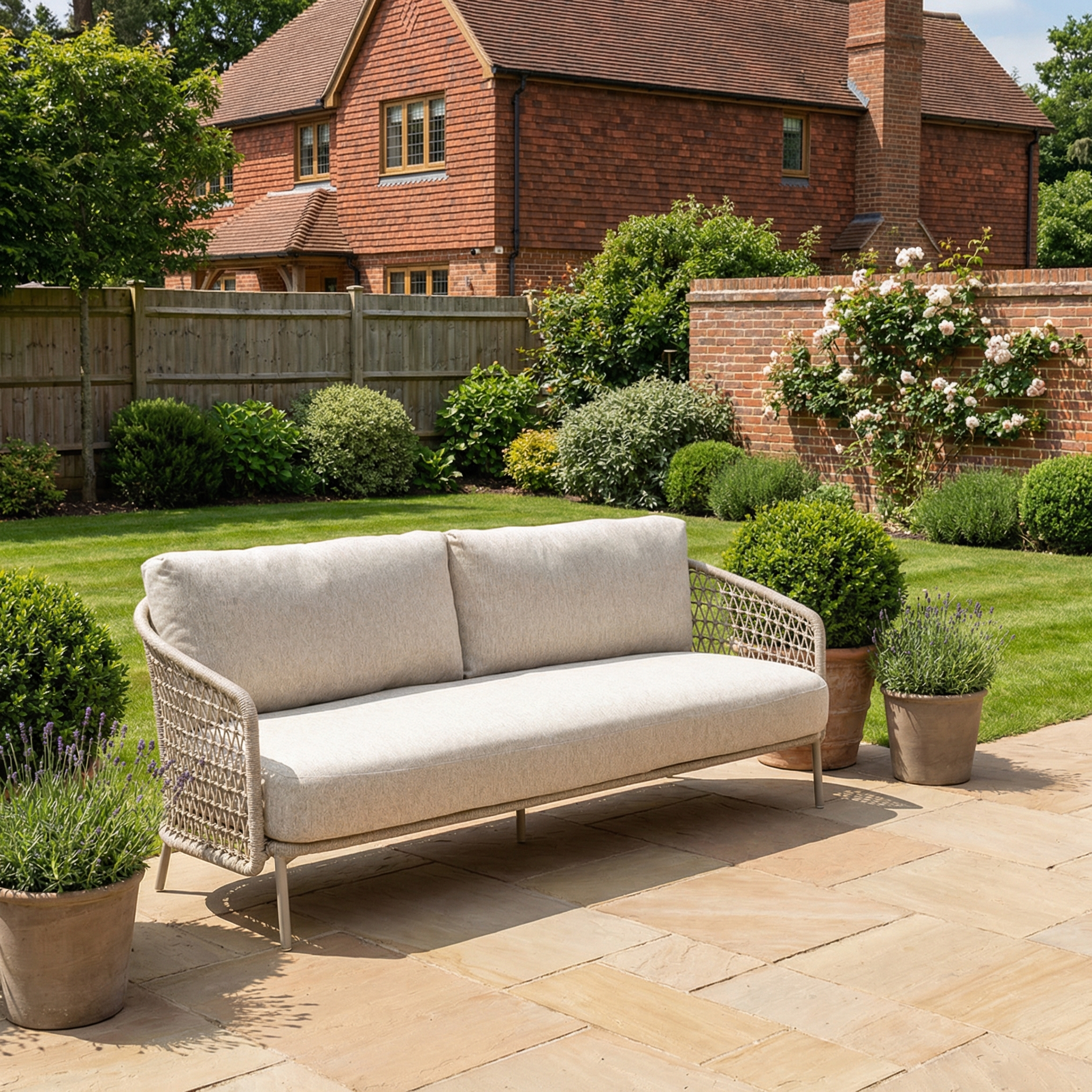A sunny outdoor patio features a Puccini 3 Seat Sofa (Ex Display), potted plants, and a brick house in the background.