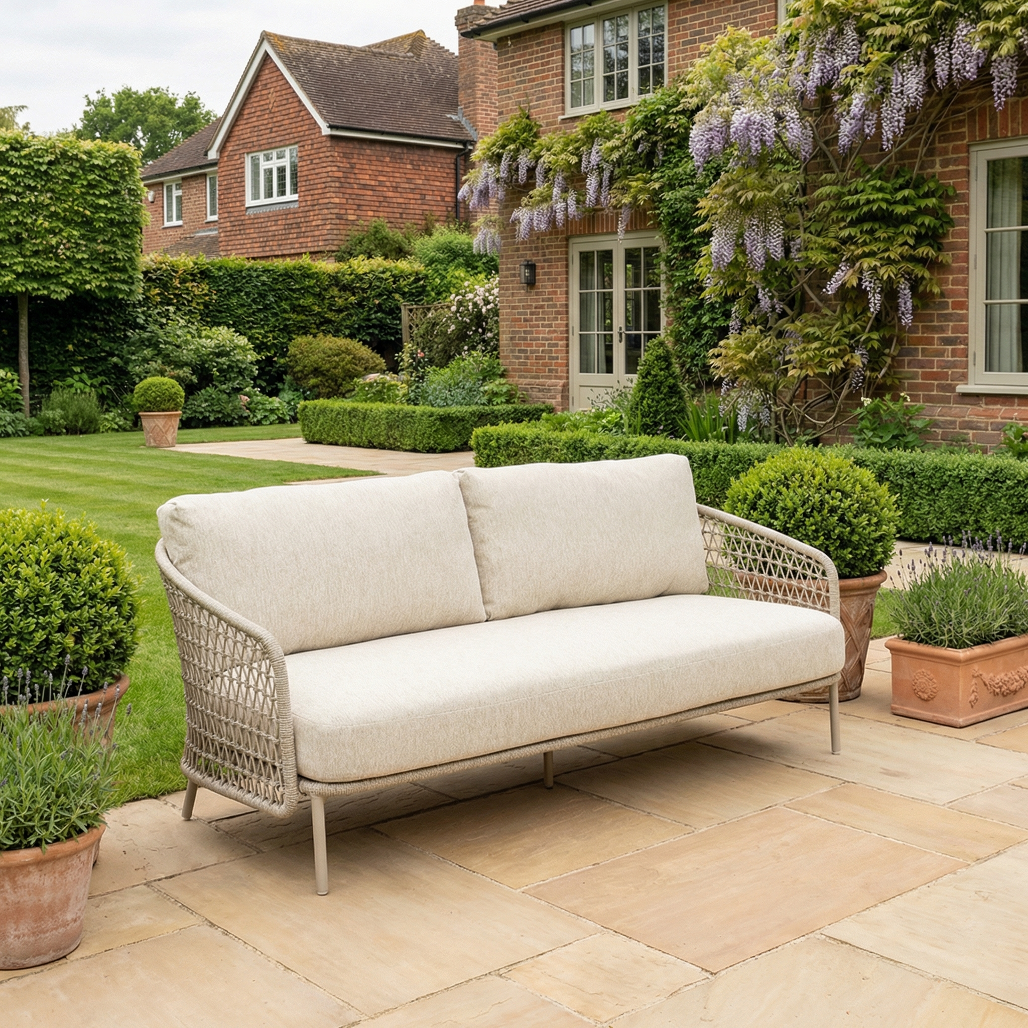The Puccini 3 Seat Sofa (Ex Display) with cream cushions sits on a stone patio in a lush garden by a brick house—an inviting outdoor luxury sofa, perfect for relaxing in style.