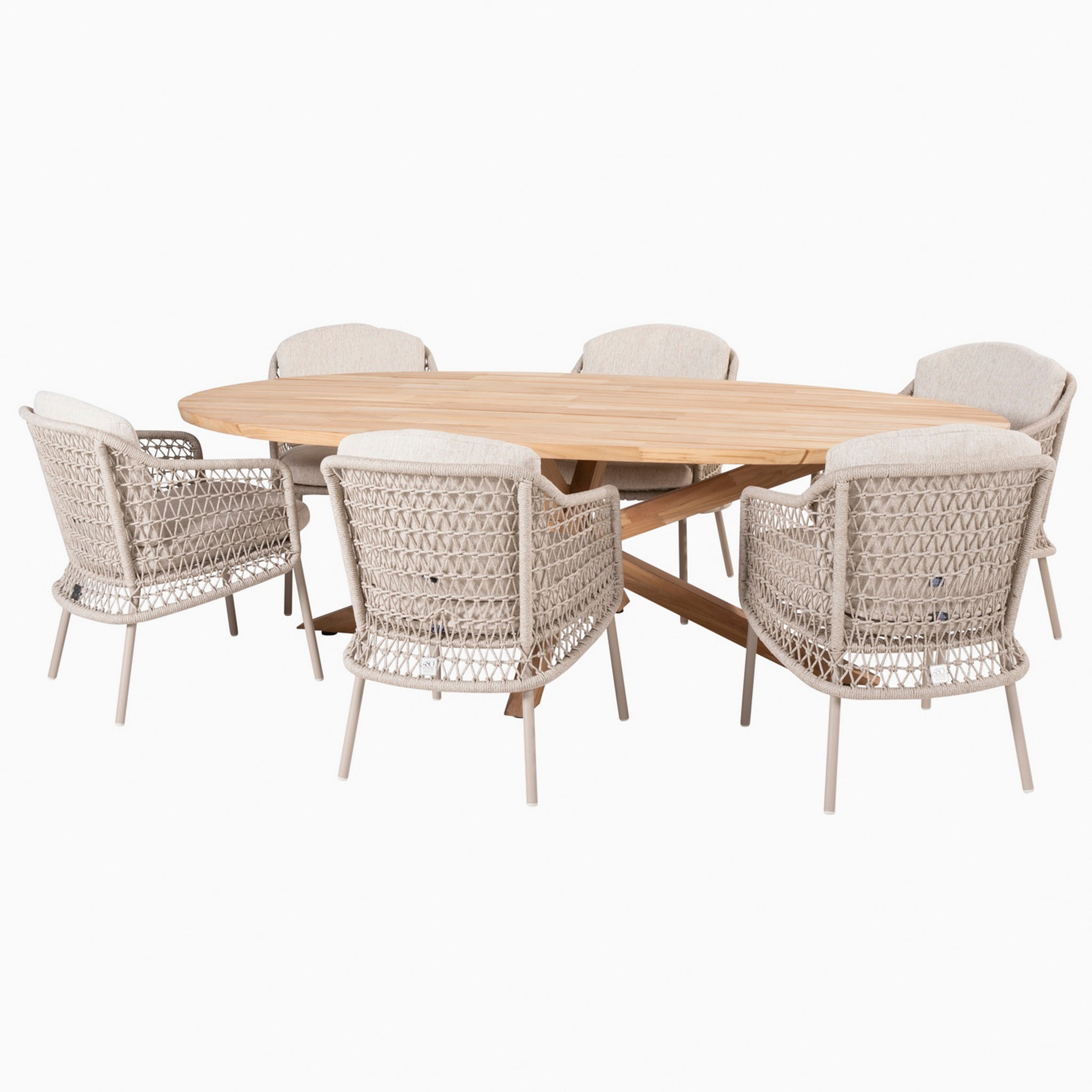 The Puccini 6 Seat Oval Dining Set in Latte features a sleek oval teak wood table accompanied by six woven chairs with light-colored cushions from the 4 Seasons Rope collection, making it an ideal choice for an outdoor dining set.