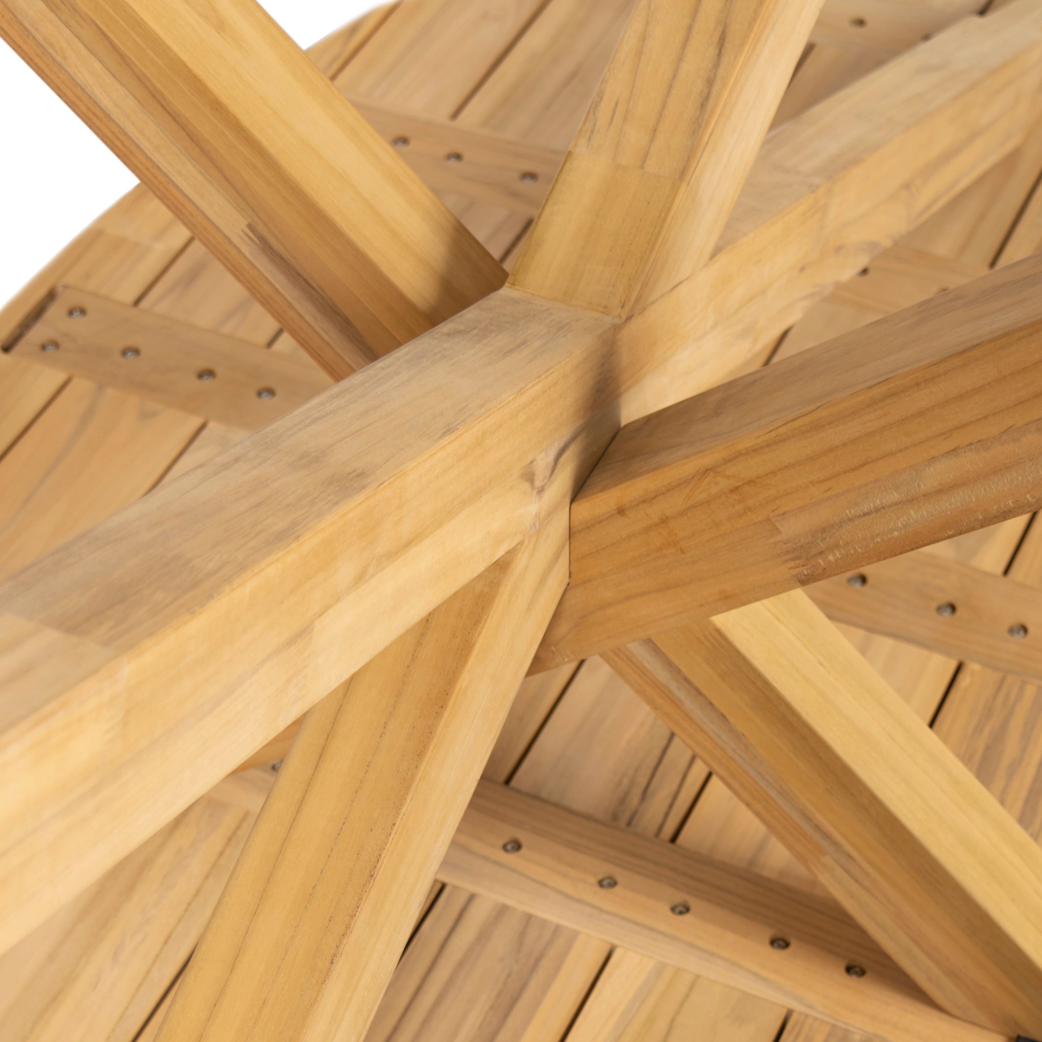 Close-up view of wooden planks and beams intersecting in a cross pattern, showcasing the craftsmanship and detail of the Puccini 6 Seat Oval Dining Set in Latte.
