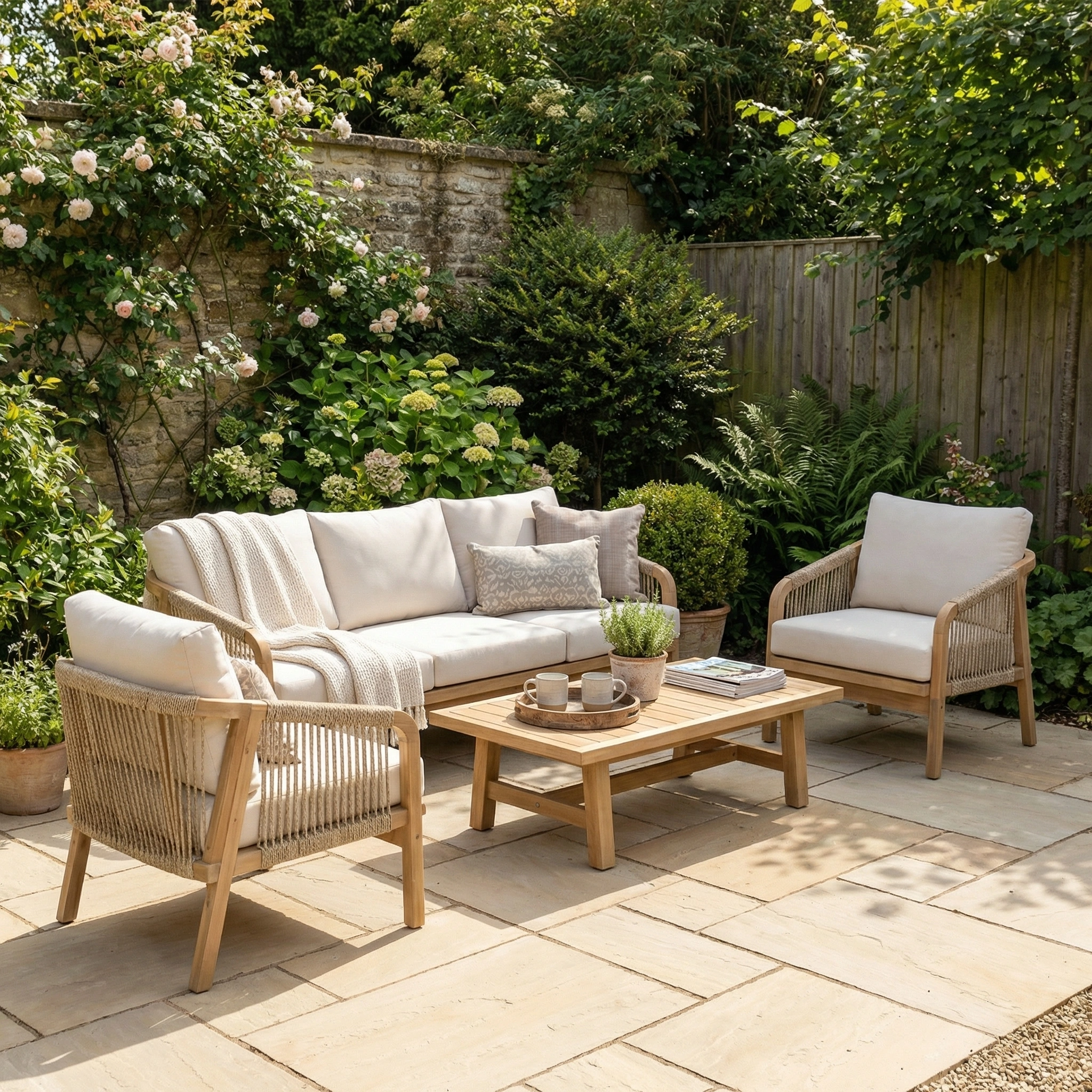 Outdoor patio featuring the Quay 3 Seat Sofa Set in Linen, lounge chairs, a coffee table, and plants on a stone-paved terrace in a garden.