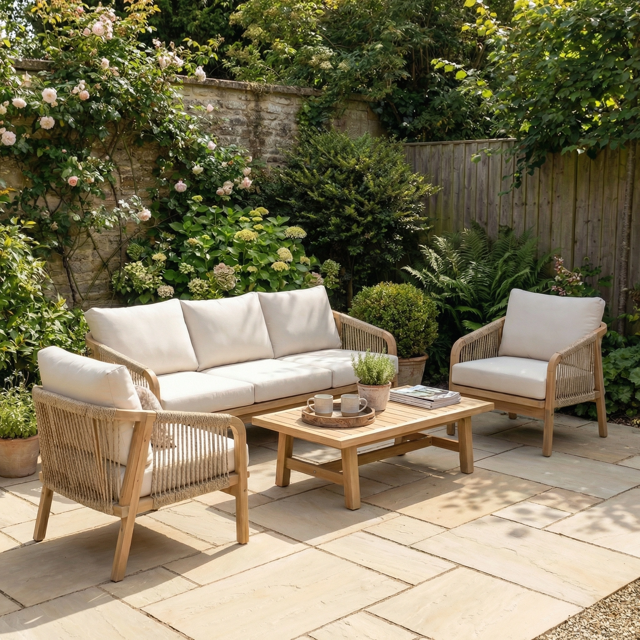 Patio featuring the Quay 3 Seat Sofa Set in Linen, complemented by an acacia wood table and two outdoor lounge chairs, surrounded by lush greenery and blooming flowers.