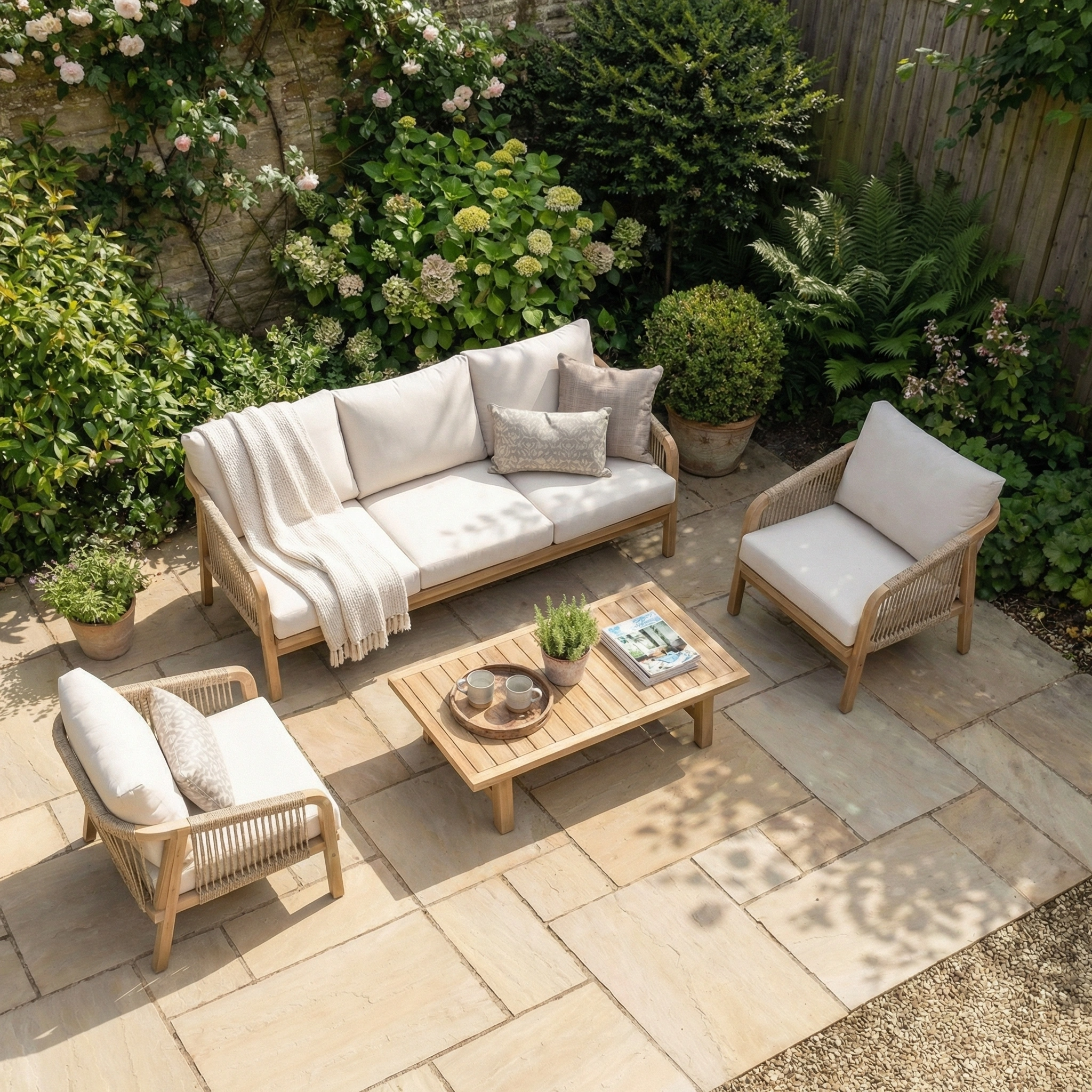 Outdoor patio featuring the Quay 3 Seat Sofa Set in Linen, complemented by rope weave chairs, a coffee table, and lush green plants surrounding the area.