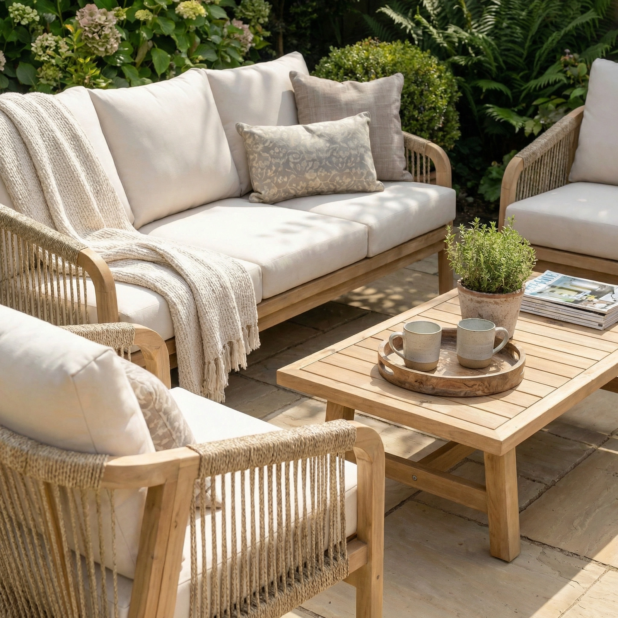 The Quay 3 Seat Sofa Set in Linen, styled with beige cushions, a throw blanket, and a coffee table with mugs and plants, creates a cozy outdoor garden lounge area.