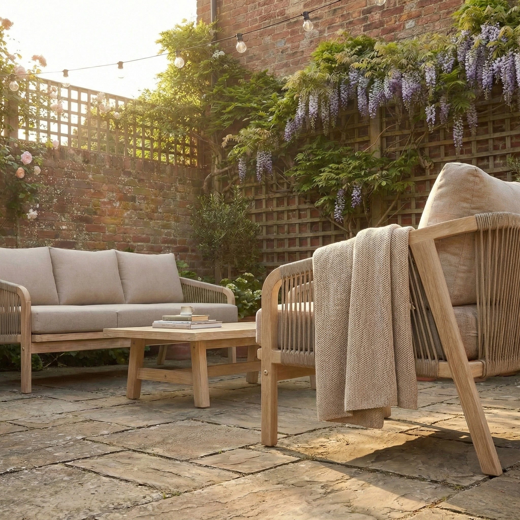 Patio with the Quay 3 Seat Sofa Set in Mocha, string lights, and purple wisteria hanging on a brick wall.