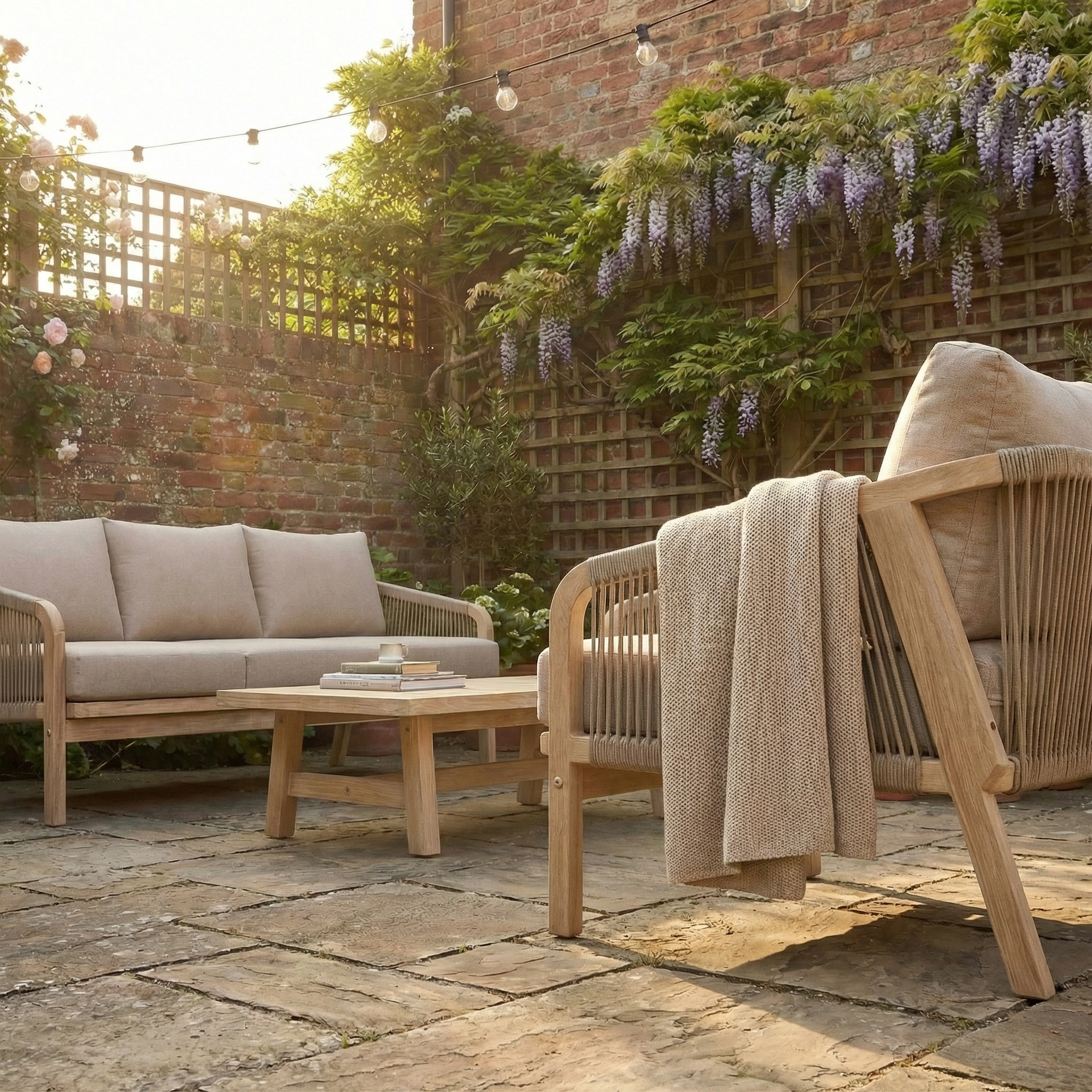 Relax on the Quay 3 Seat Sofa Set in Mocha, arranged on a stone terrace with string lights, surrounded by wisteria in a sunlit garden.