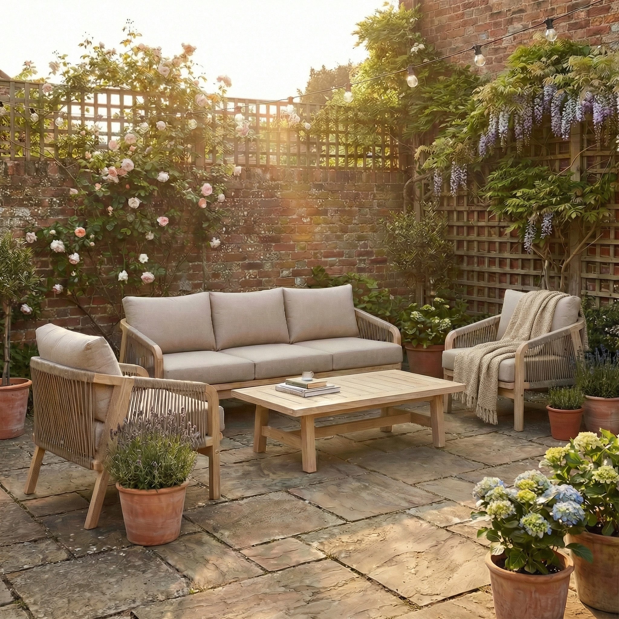 Relax in style on your cozy outdoor patio with the Quay 3 Seat Sofa Set in Mocha, complemented by a wooden table, potted plants, flowers, and a sunlit brick wall—perfect for creating an inviting garden retreat.