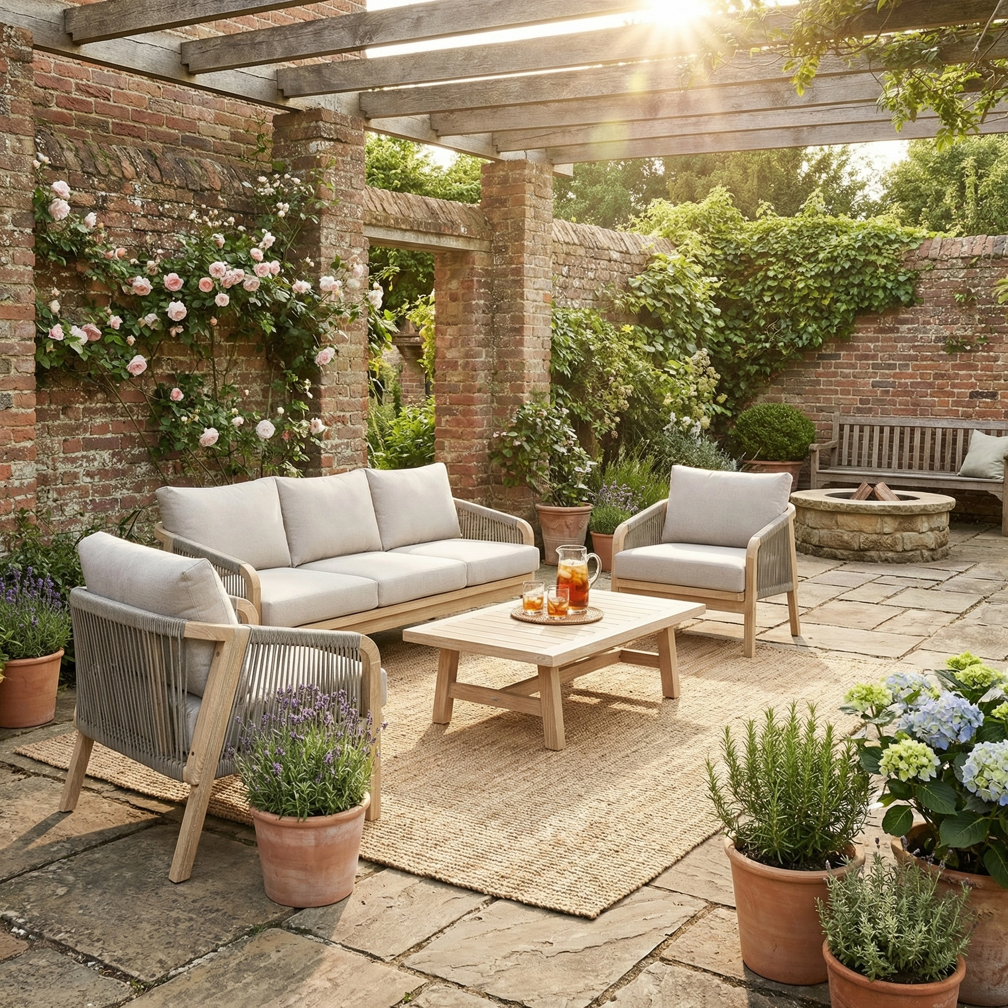 Sunlit patio featuring the Quay 3 Seat Sofa Set in Mocha with cushioned seating, a coordinating coffee table, potted plants, and brick walls adorned with lush greenery.